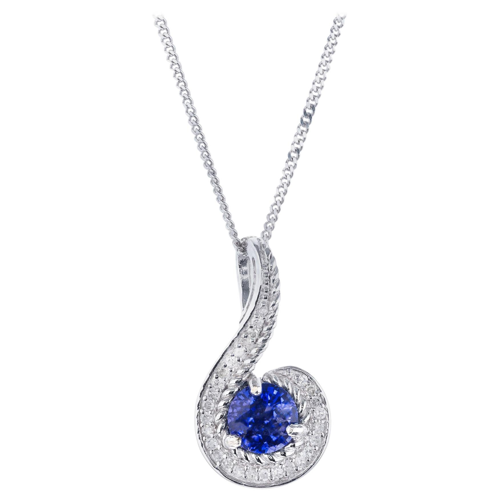 .70 Carat Blue Tanzanite Diamond White Gold Swirl Pendant Necklace For Sale