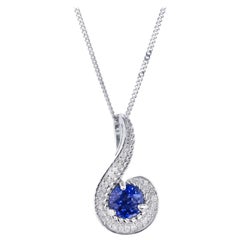 .70 Carat Blue Tanzanite Diamond White Gold Swirl Pendant Necklace