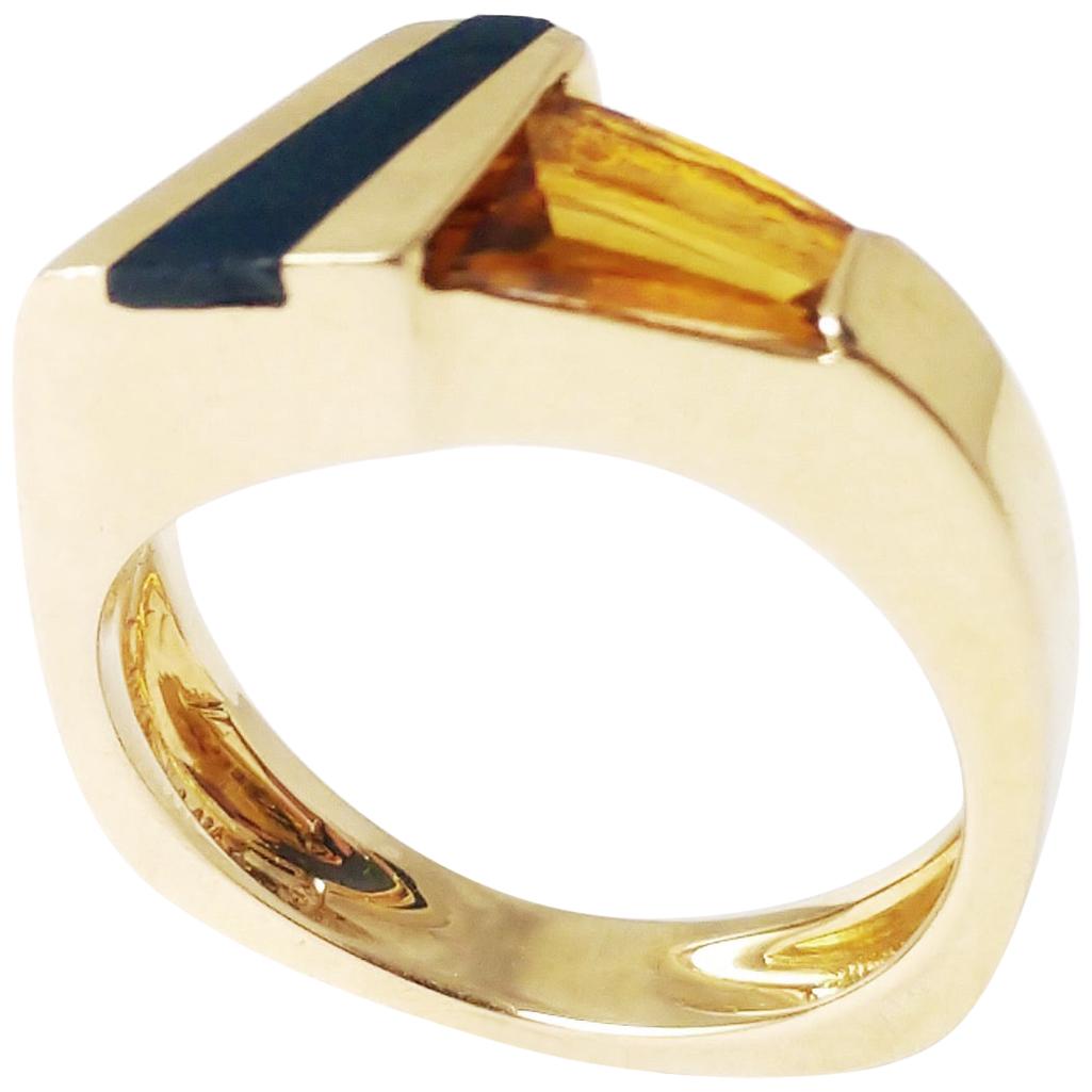 .70 Carat Citrine and Black Onyx Inlay Retro Fashion Ring by Cornelis Hollander For Sale