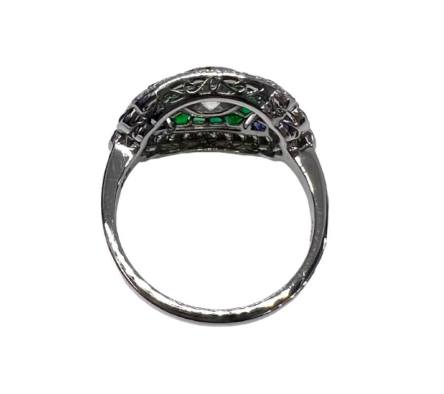 Round Cut Sophia D. .70 Carat Diamond Art Deco Ring with Blue Sapphire and Emerald For Sale