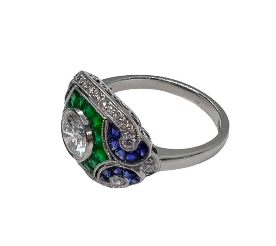 Sophia D. .70 Carat Diamond Art Deco Ring with Blue Sapphire and Emerald In New Condition For Sale In New York, NY