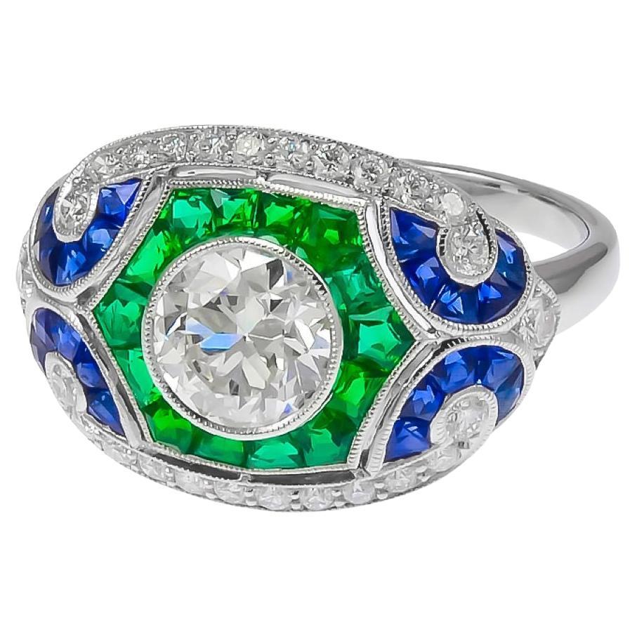 Sophia D. .70 Carat Diamond Art Deco Ring with Blue Sapphire and Emerald For Sale