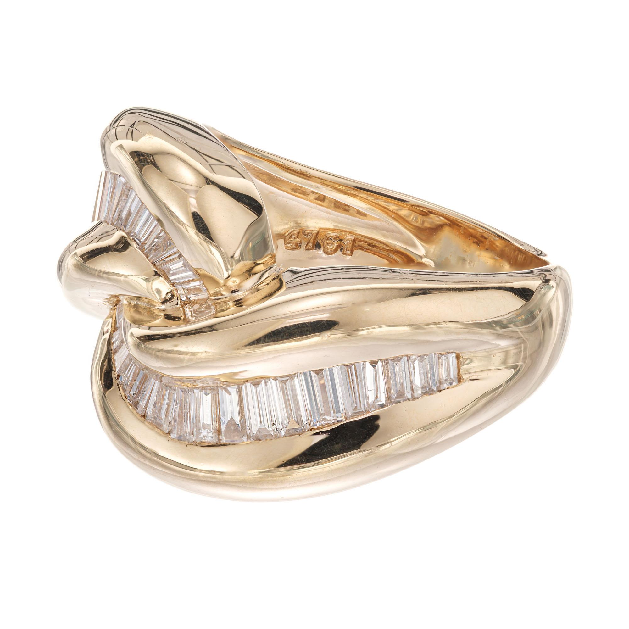 Baguette Cut .70 Carat Diamond Gold Swirl Cocktail Ring For Sale