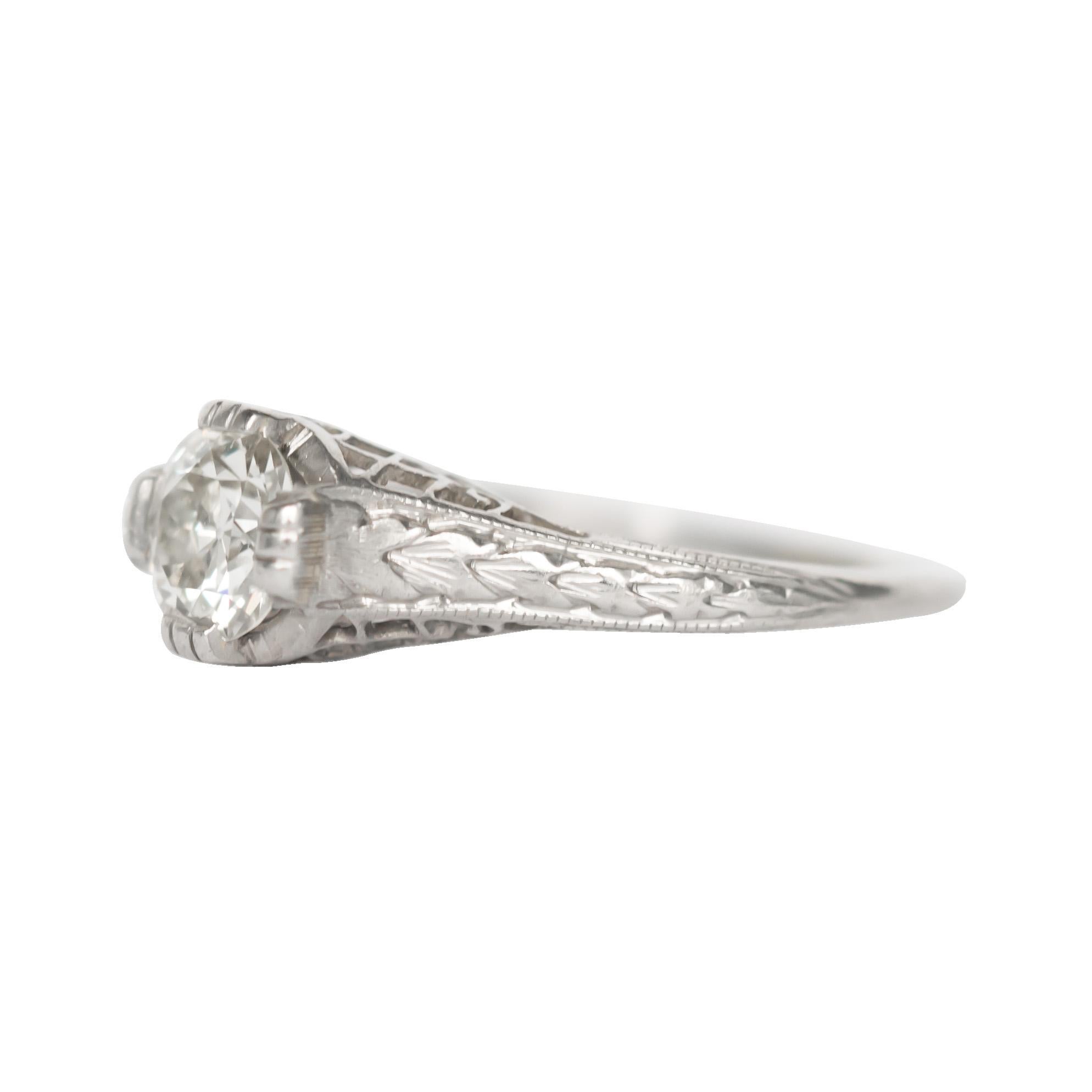 Ring Size: 7
Metal Type: Platinum 
Weight: 2.8 grams

Center Diamond Details
Shape: Old European Brilliant
Carat Weight: .70 carat
Color: J
Clarity: VS1

Finger to Top of Stone Measurement: 6.55mm