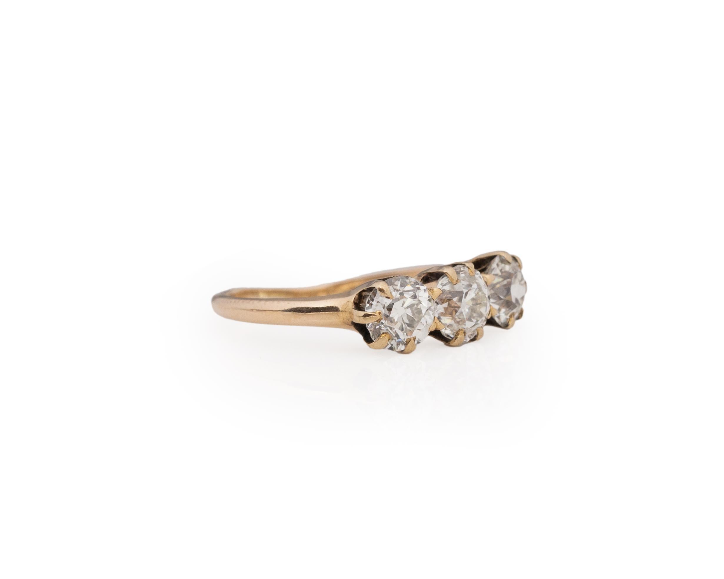 Ring Size: 7.25
Metal Type: 14k Yellow Gold [Hallmarked, and Tested]
Weight: 2.42 grams

Center Diamond Details:
Weight: .70ct
Cut: Old European brilliant
Color: I
Clarity: VS

Side Diamond Details:
Weight: 1.35ct, total weight (2 stones)
Cut: Old