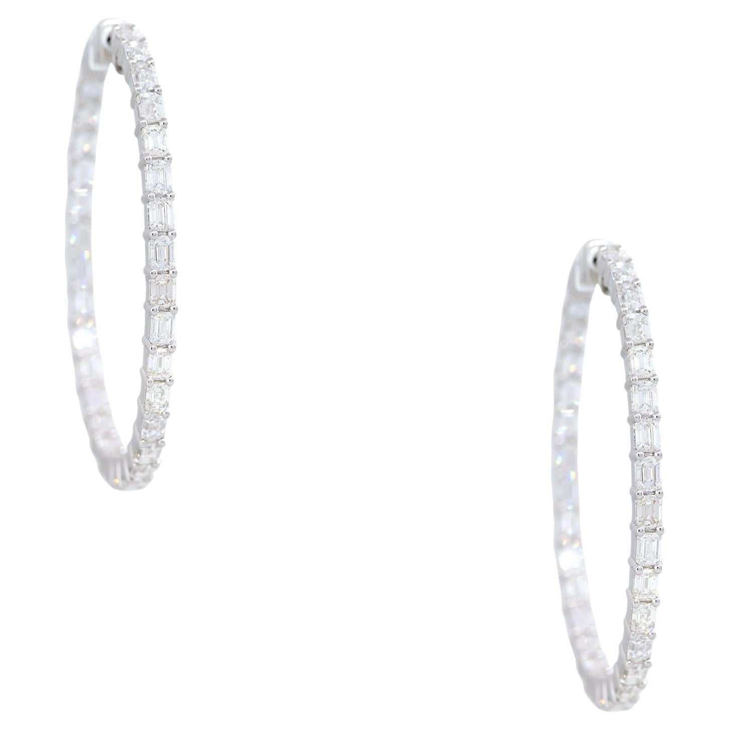 7.0 Carat Emerald Cut Diamond Inside-Out Hoop Earrings 18 Karat In Stock For Sale