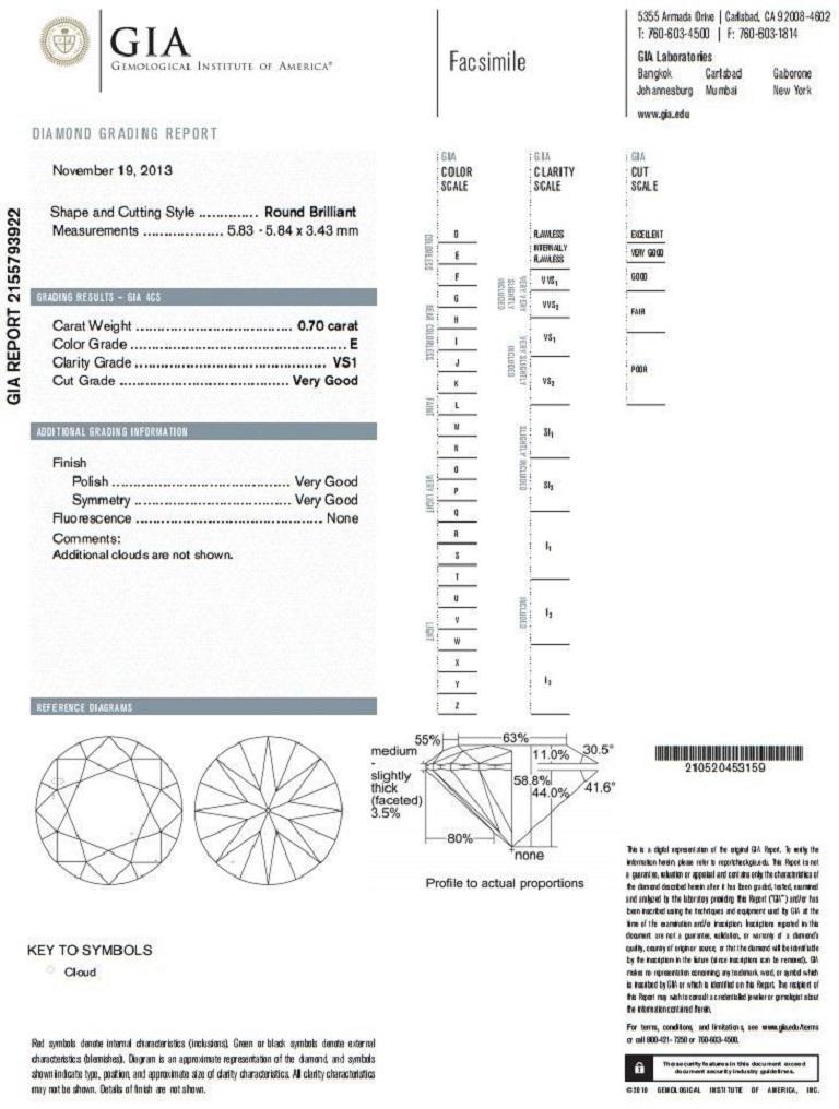 GIA Certified: .70ct. Round diamond solitaire pendant.

 Full cut brilliant.

 Vs-1  Clarity. 

E-color.

Report: 2155793922

14kt. white gold

1.1 grams.

Pendant will accept a 2mm chain (not included).

Overall pendant: .42 inch long & .24 inch