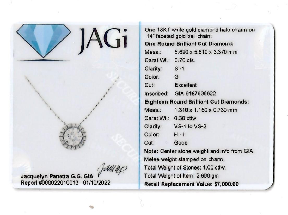 .70 Carat GIA Round Brilliant Diamond with Halo 18 Karat White Gold Necklace  For Sale 6
