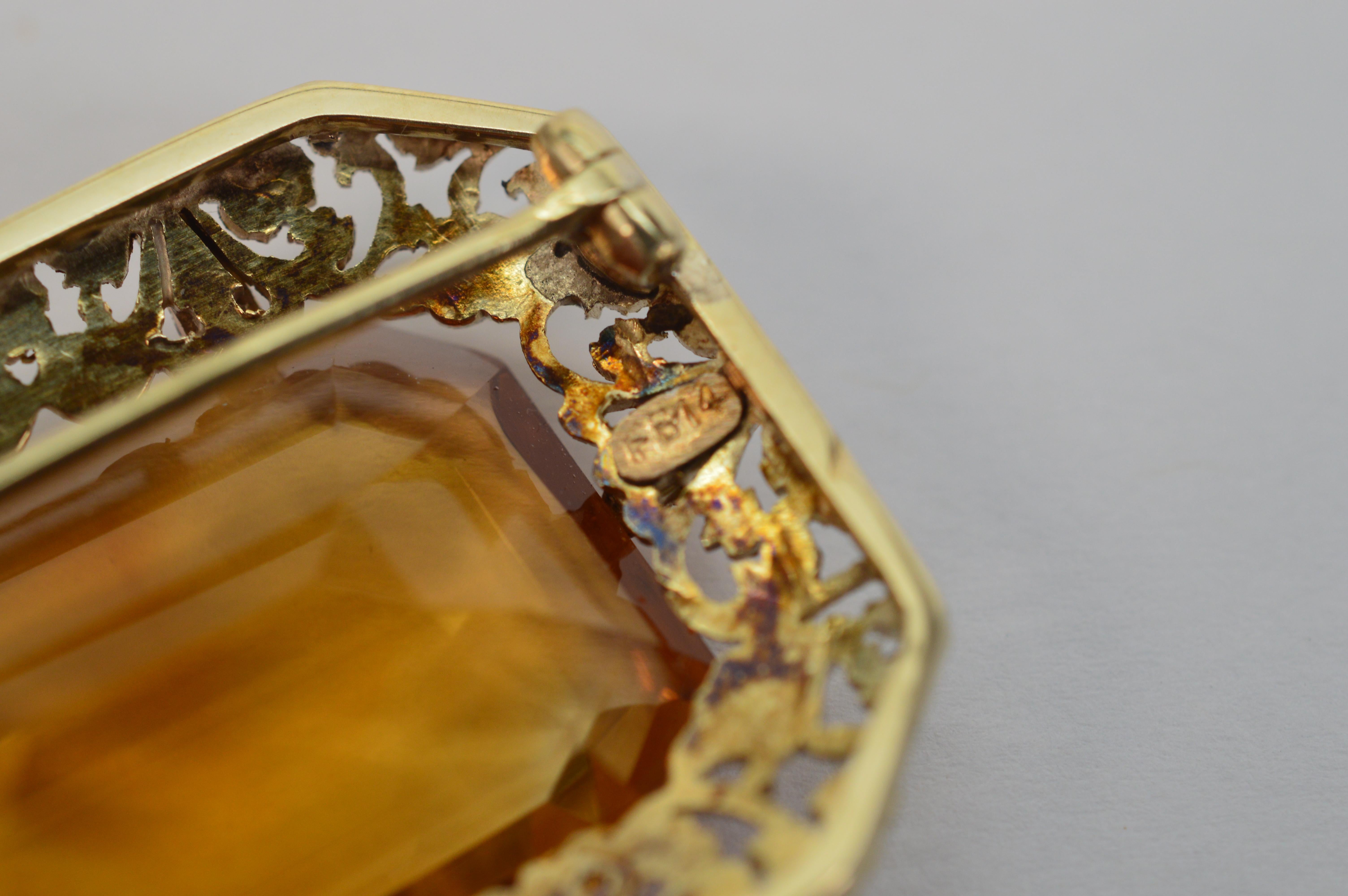 Emerald Cut 70 Carat Natural Citrine Yellow Gold Antique Brooch Pin