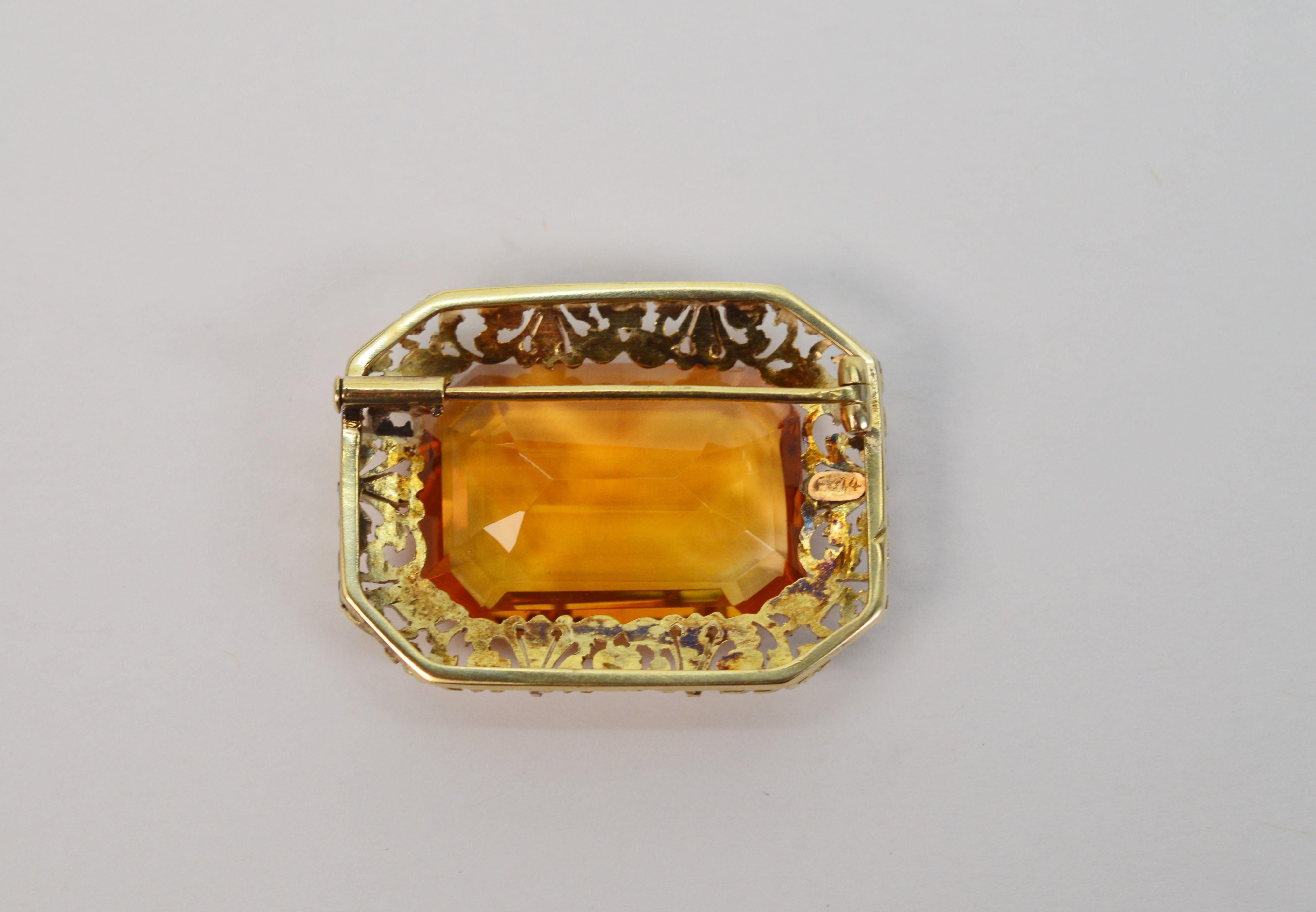 70 Carat Natural Citrine Yellow Gold Antique Brooch Pin In Excellent Condition In Mount Kisco, NY