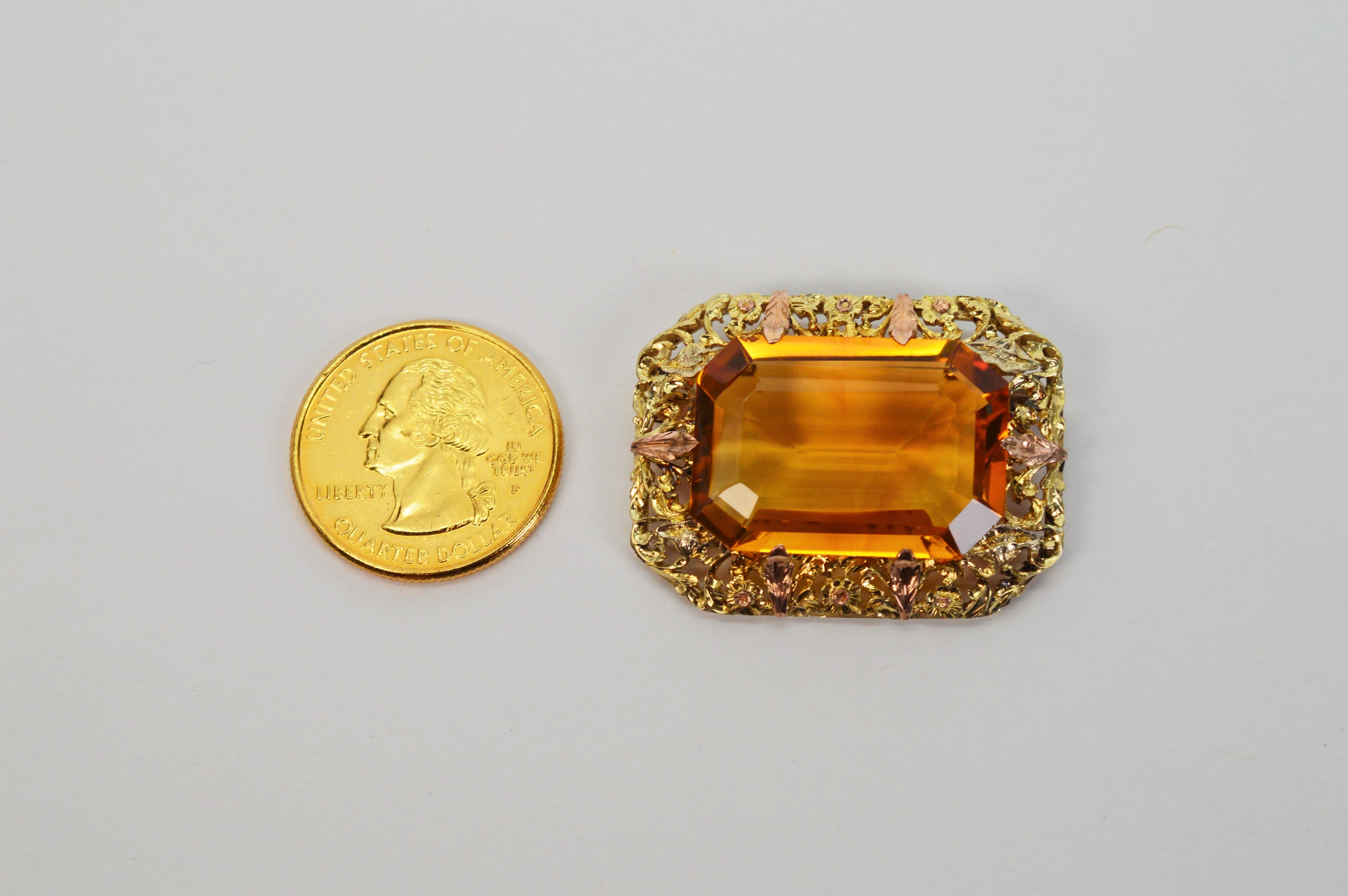 Women's 70 Carat Natural Citrine Yellow Gold Antique Brooch Pin
