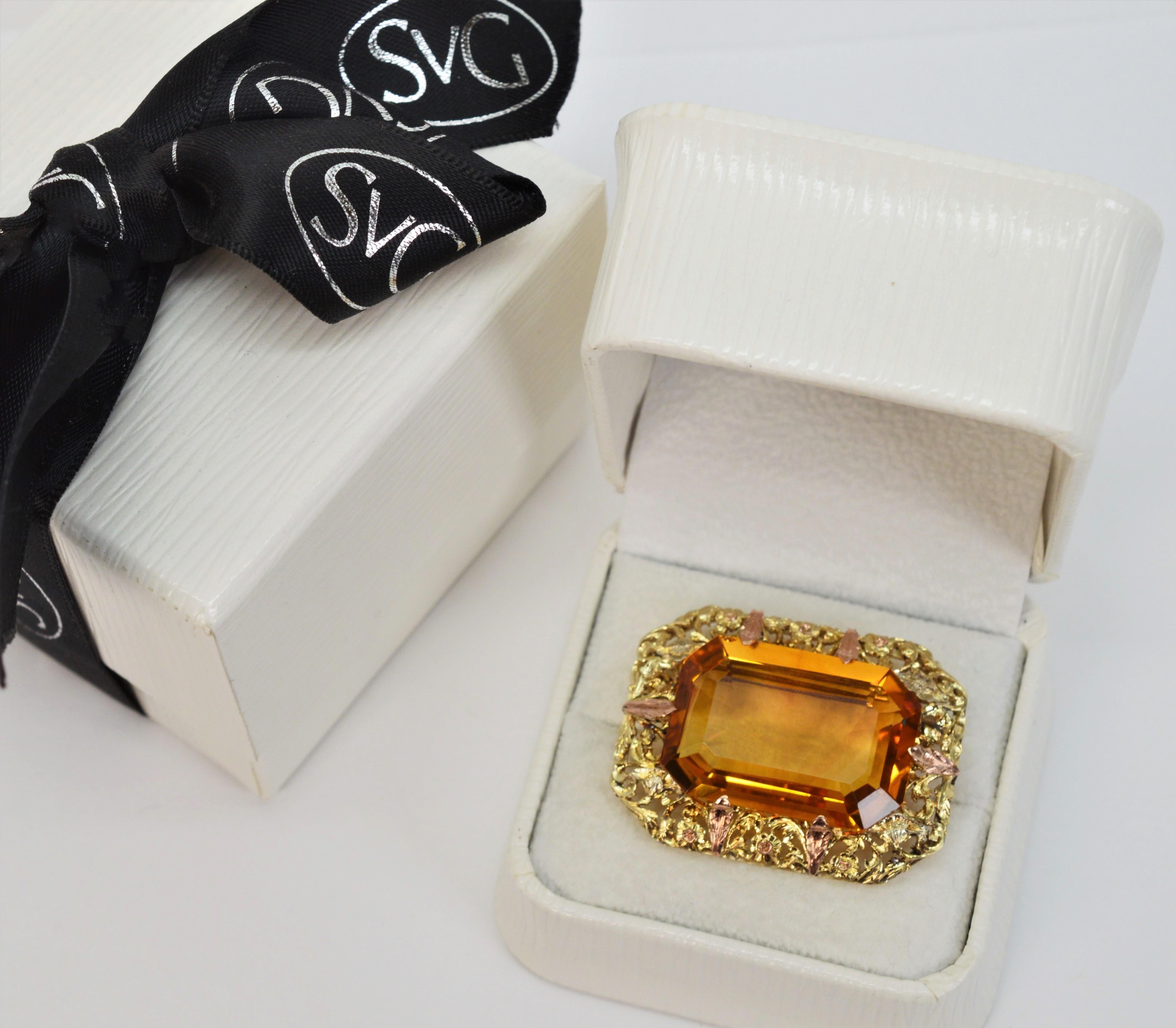 70 Carat Natural Citrine Yellow Gold Antique Brooch Pin 1