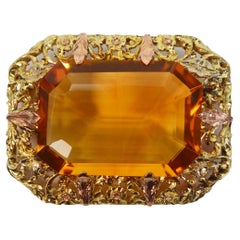 70 Carat Natural Citrine Yellow Gold Antique Brooch Pin