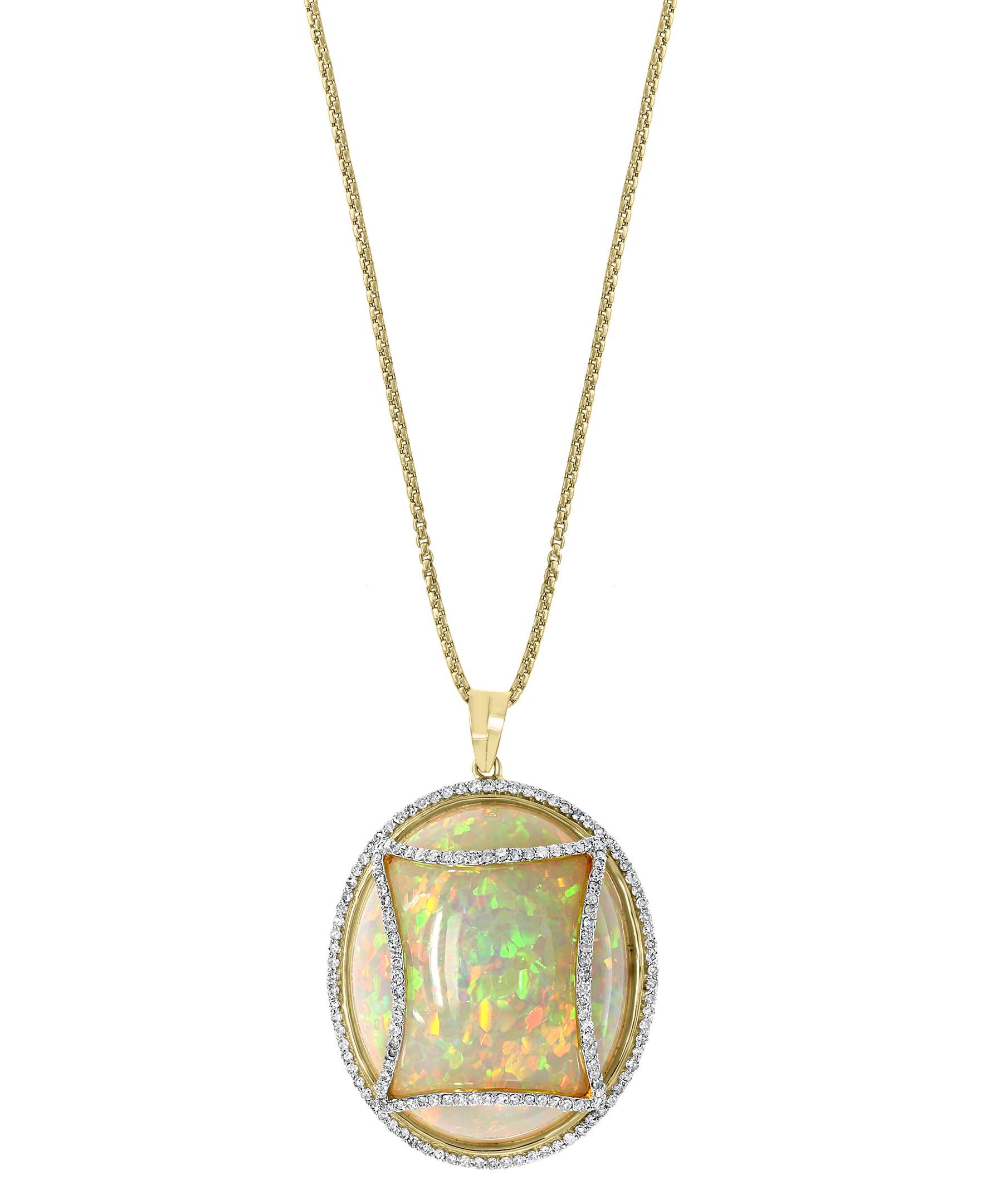 Oval Cut 70 Carat Oval Ethiopian Opal and Diamond Pendant or Necklace 14 Karat Gold For Sale
