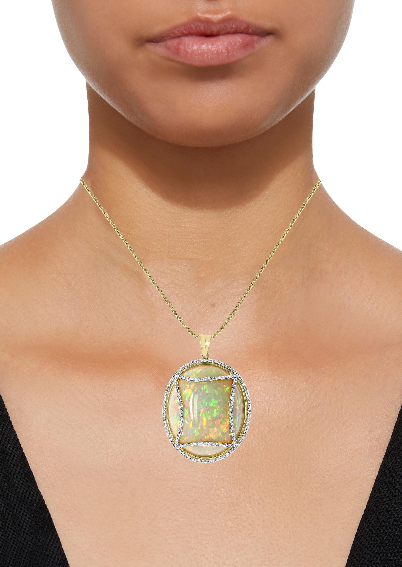 70 Carat Oval Ethiopian Opal and Diamond Pendant or Necklace 14 Karat Gold For Sale 1