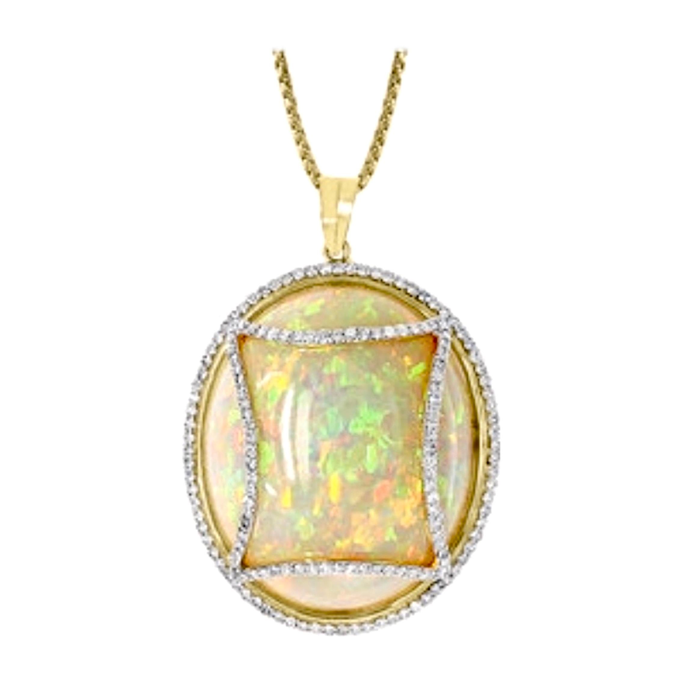 70 Carat Oval Ethiopian Opal and Diamond Pendant or Necklace 14 Karat Gold For Sale