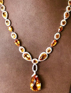 70 Carat Oval and Pear Citrine and 10 Carat Diamonds Necklace 18 Karat Gold