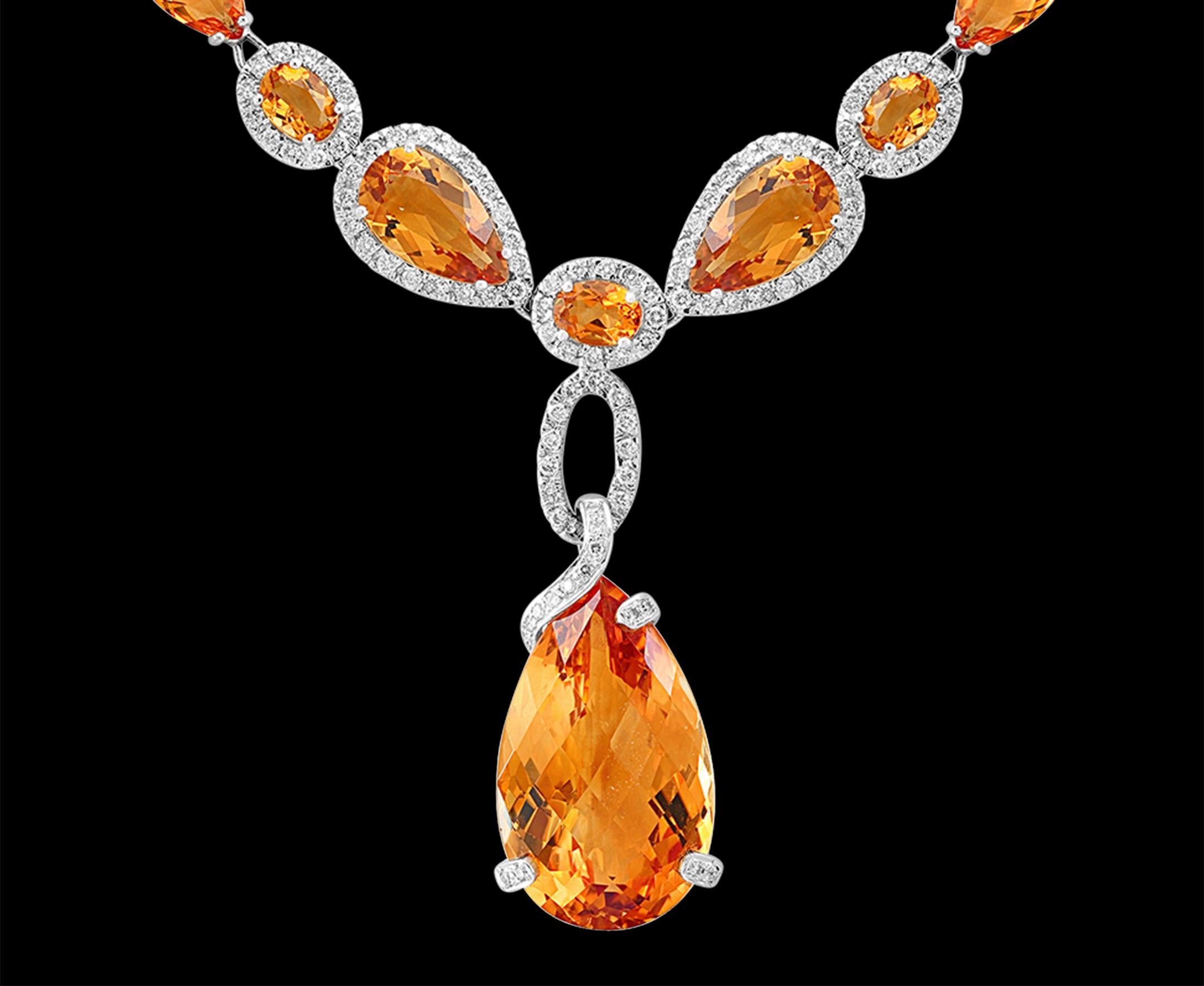 Pear Cut 70 Carat Oval and Pear Citrine and 10 Carat Diamonds Necklace 18 Karat Gold For Sale