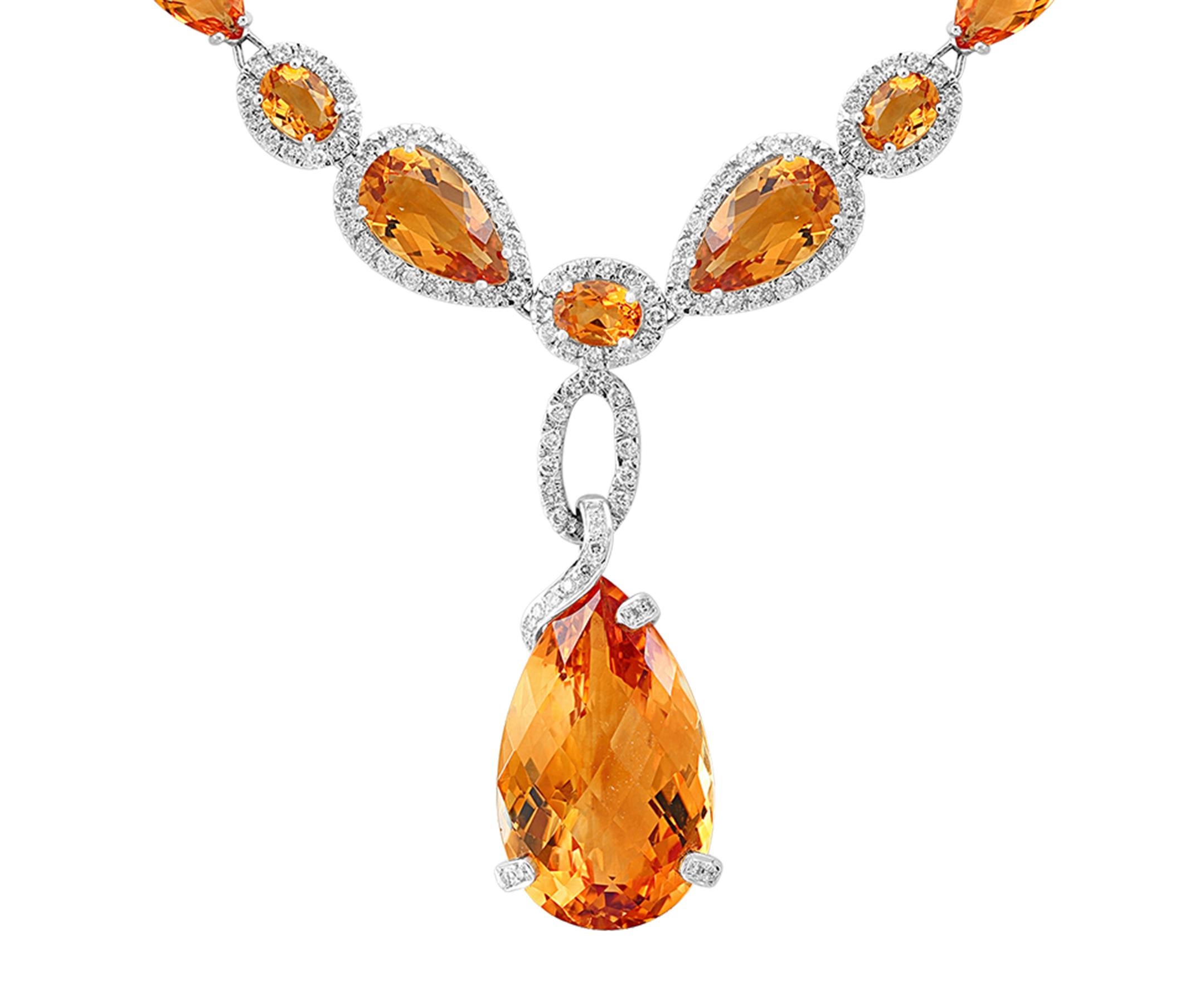 Pear Cut 70 Carat Oval and Pear Citrine and 10 Carat Diamonds Necklace 18 Karat Gold For Sale