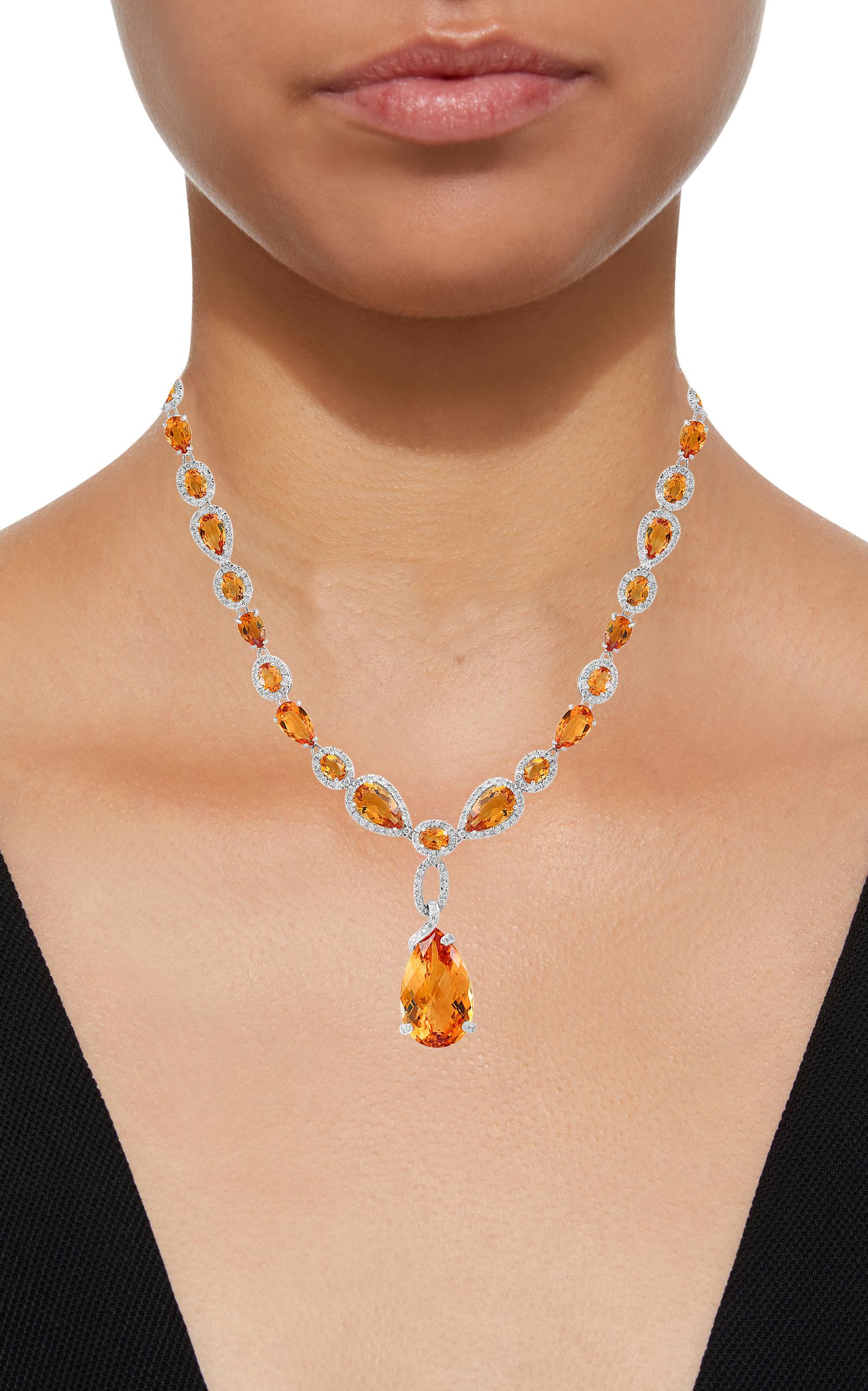 Women's 70 Carat Oval and Pear Citrine and 10 Carat Diamonds Necklace 18 Karat Gold For Sale