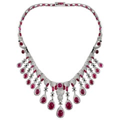 70 Carat Pink Tourmaline Cabochan & 8 Ct Diamonds Necklace 18 Karat White Gold