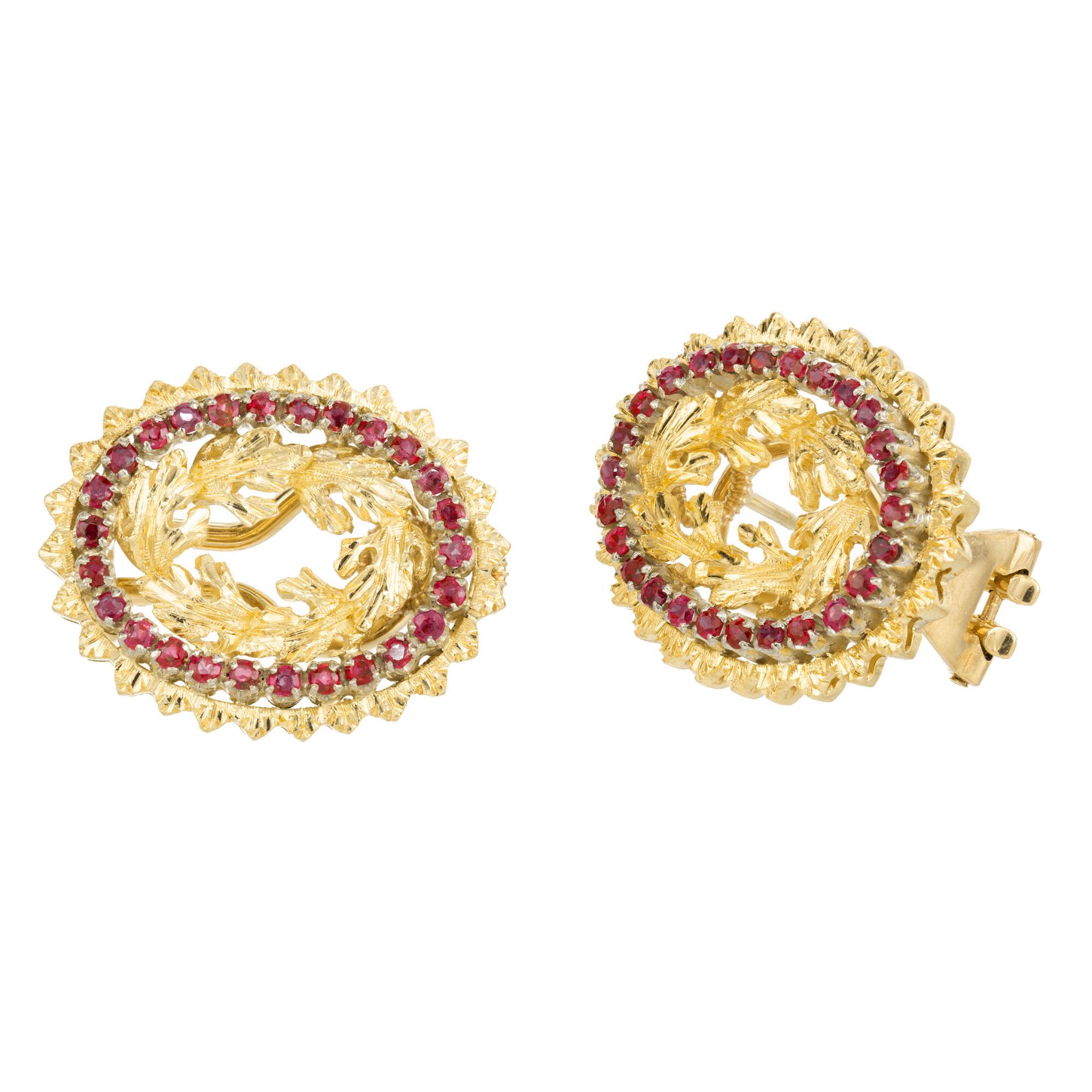 Round Cut .70 Carat Round Ruby Yellow Gold Lever Back Earrings For Sale