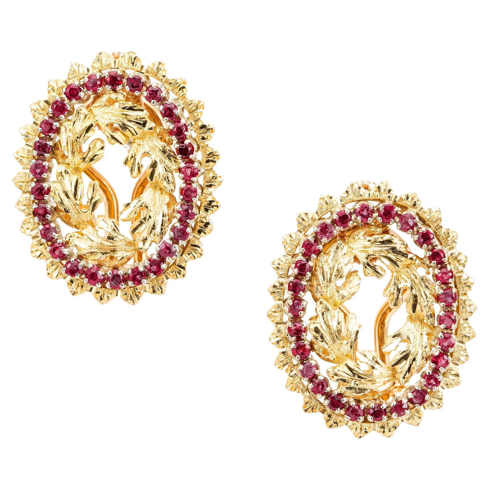 .70 Carat Round Ruby Yellow Gold Lever Back Earrings For Sale