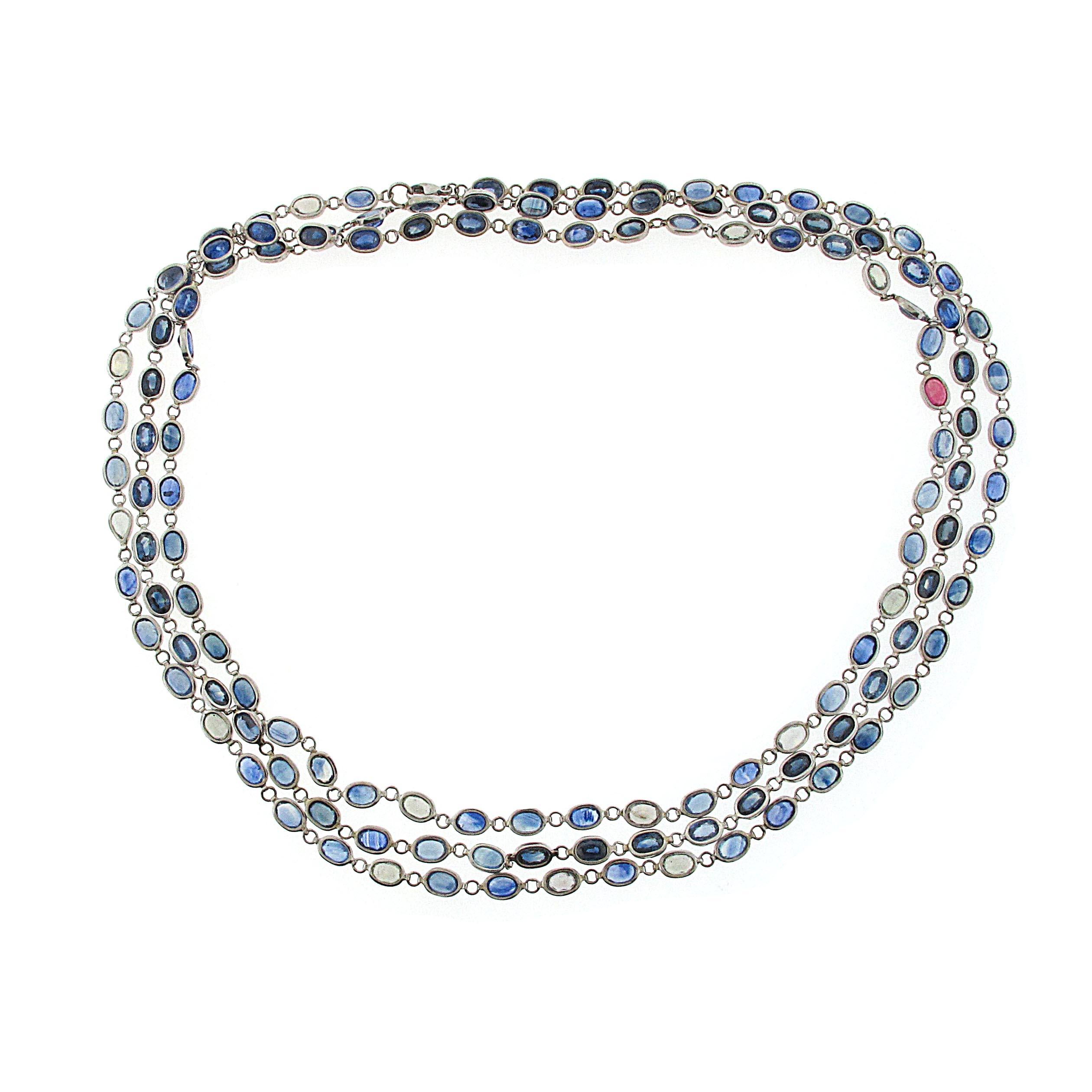 70+ Carat Sapphire Chain Necklace Set in White Gold with Single Ruby In Excellent Condition In Beverly Hills, CA