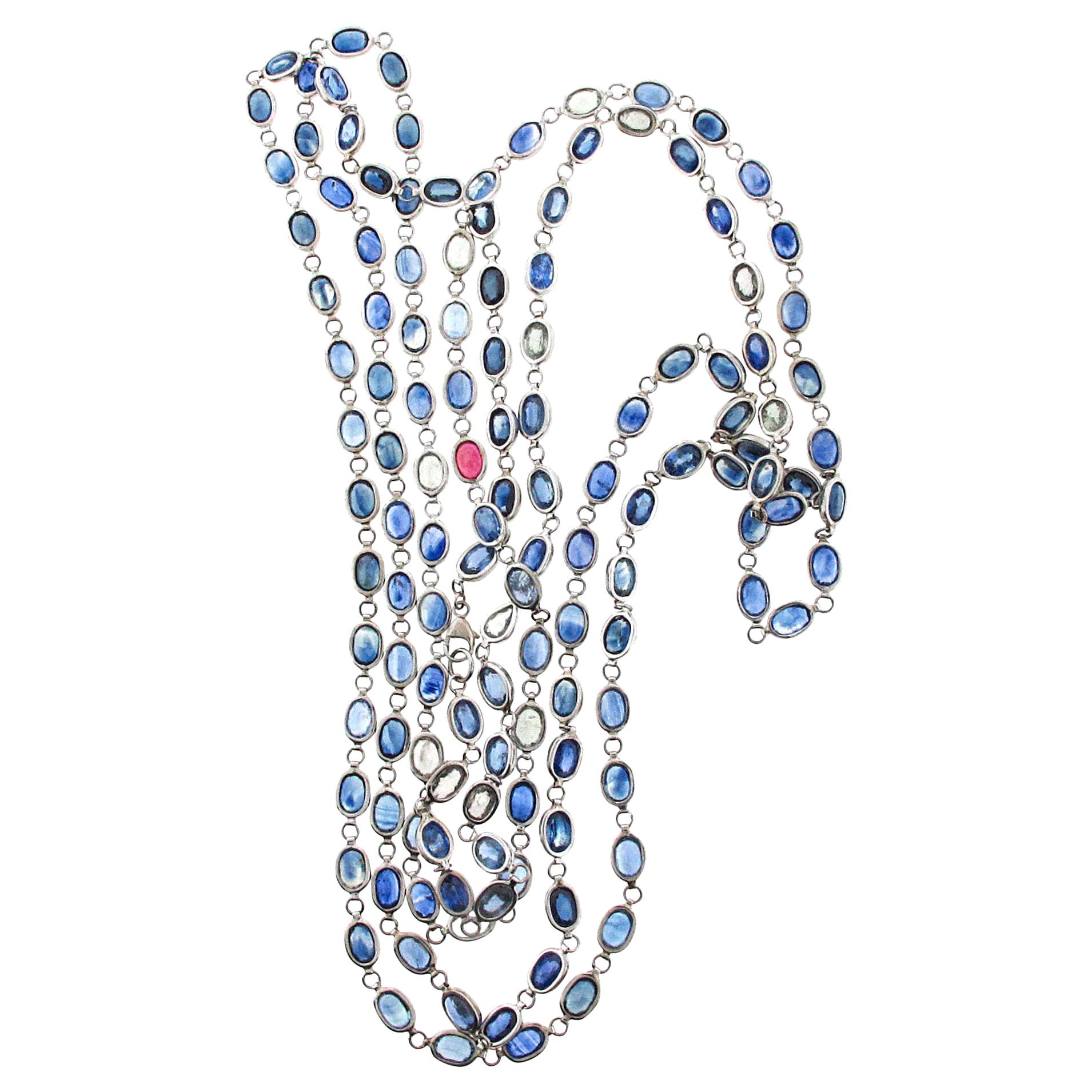 70+ Carat Sapphire Chain Necklace Set in White Gold with Single Ruby