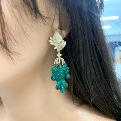 70 Carat Total Emerald Briolette & Diamond Earrings in 18k Yellow Gold