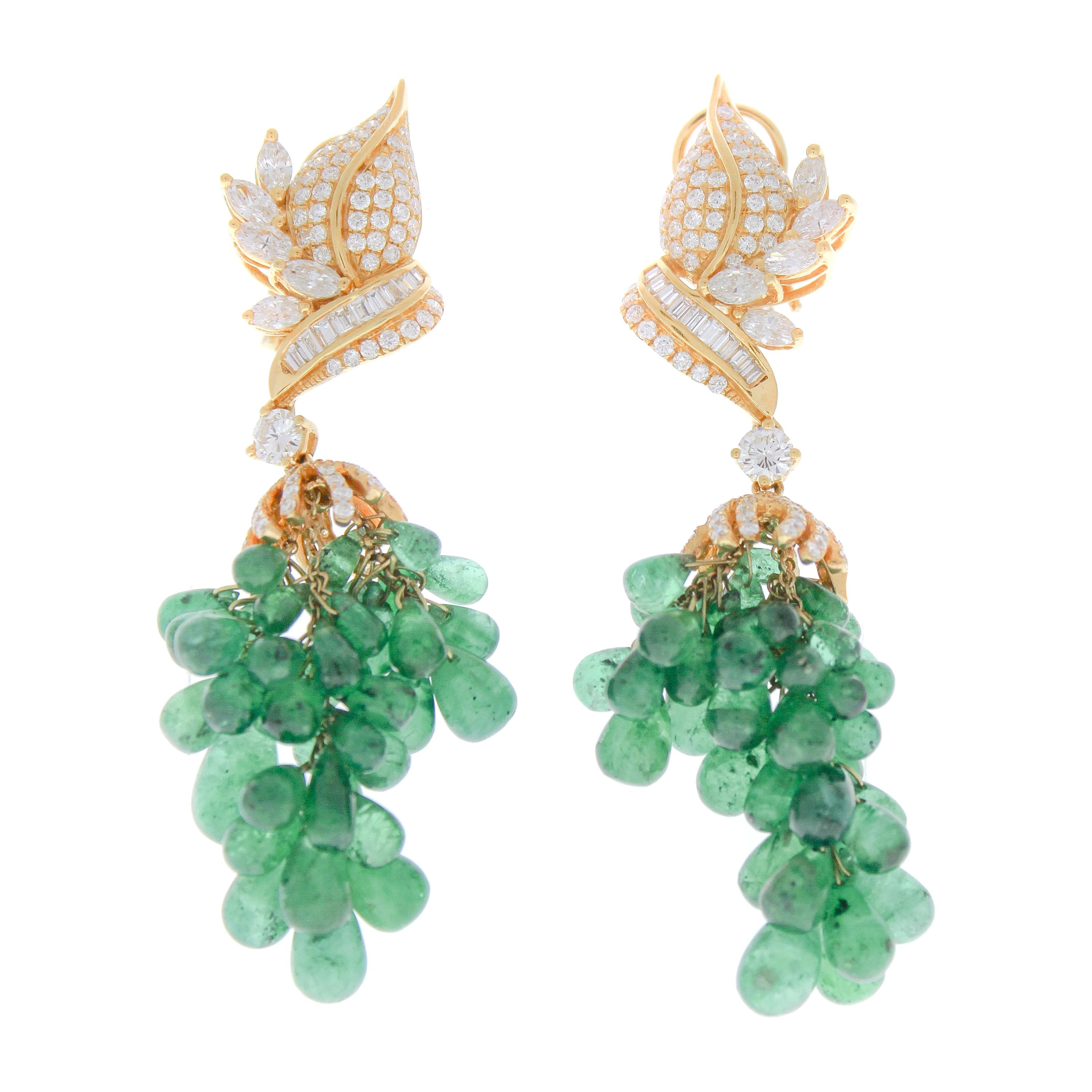 70 Carat Total Emerald Briolette & Diamond Earrings in 18k Yellow Gold For Sale