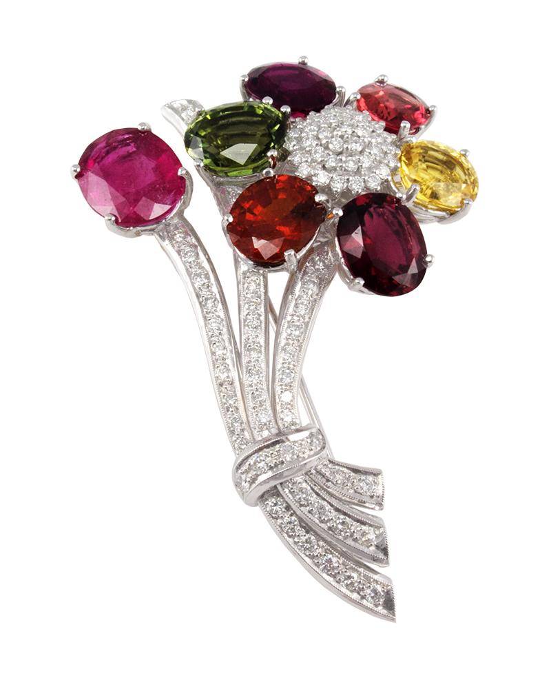 Oval Cut 70 Carat Total Oval Tourmaline and Diamond Brooch in 18 Karat White Gold