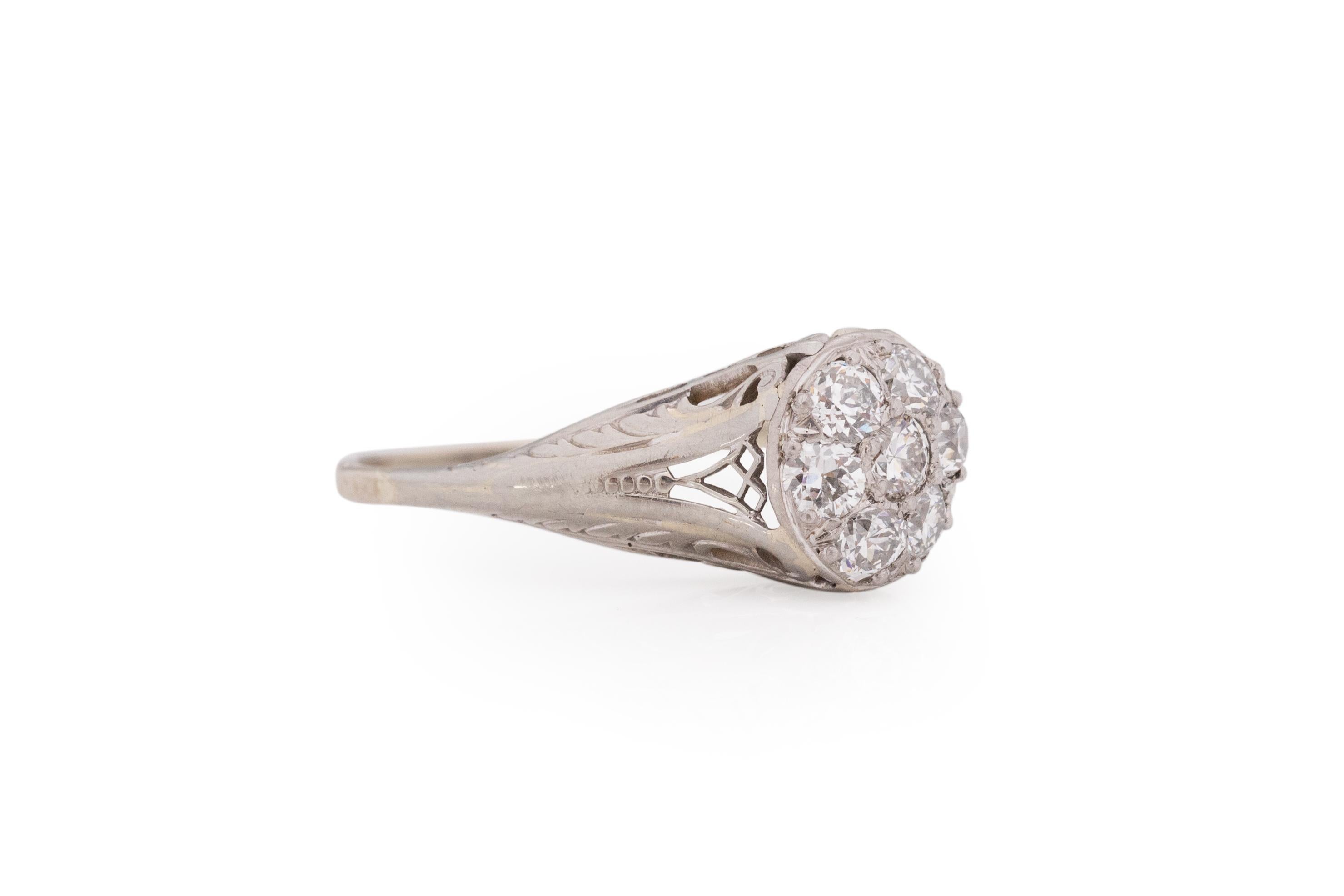 Ring Size: 6.25
Metal Type: Platinum Head & 14 Karat White Gold Shank [Tested]
Weight: 2.9 grams

Diamond Details:
Weight: .70 Carat Total Weight 
Cut: Old European brilliant
Color: G-H
Clarity: VS/SI

Finger to Top of Stone Measurement: