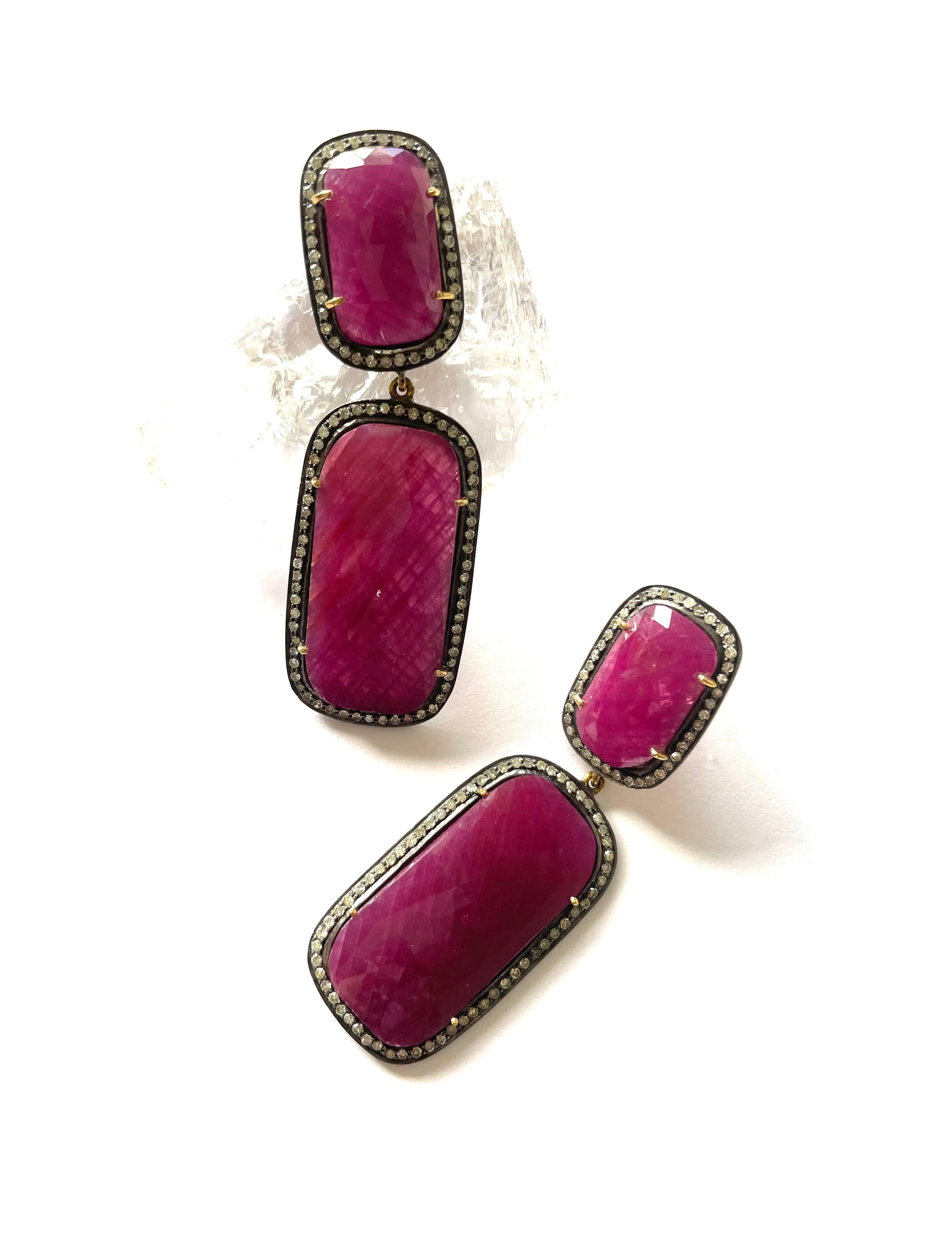 Artisan 70 Carats Ruby Earrings with Pave Diamonds For Sale