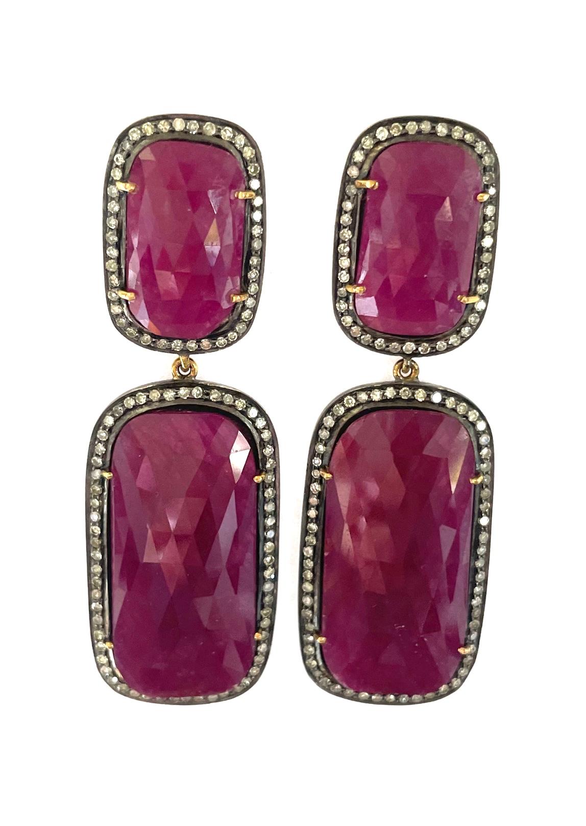 Bead 70 Carats Ruby Earrings with Pave Diamonds For Sale