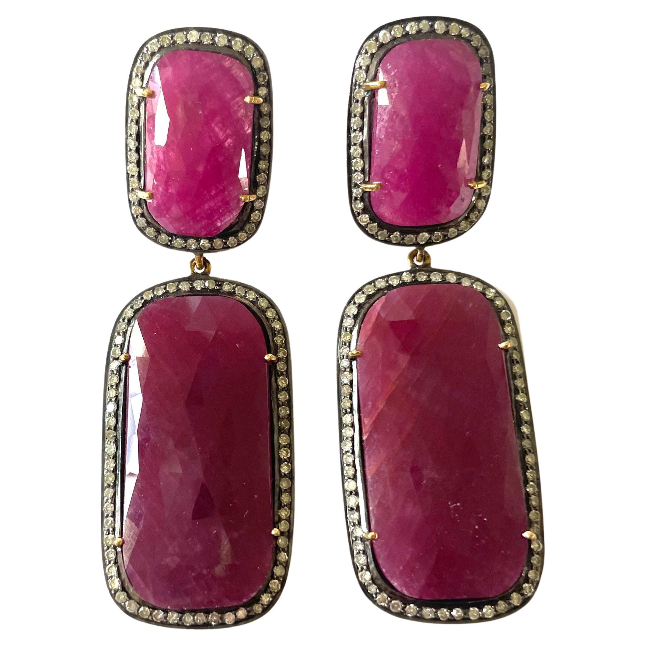 70 Carats Ruby Earrings with Pave Diamonds For Sale