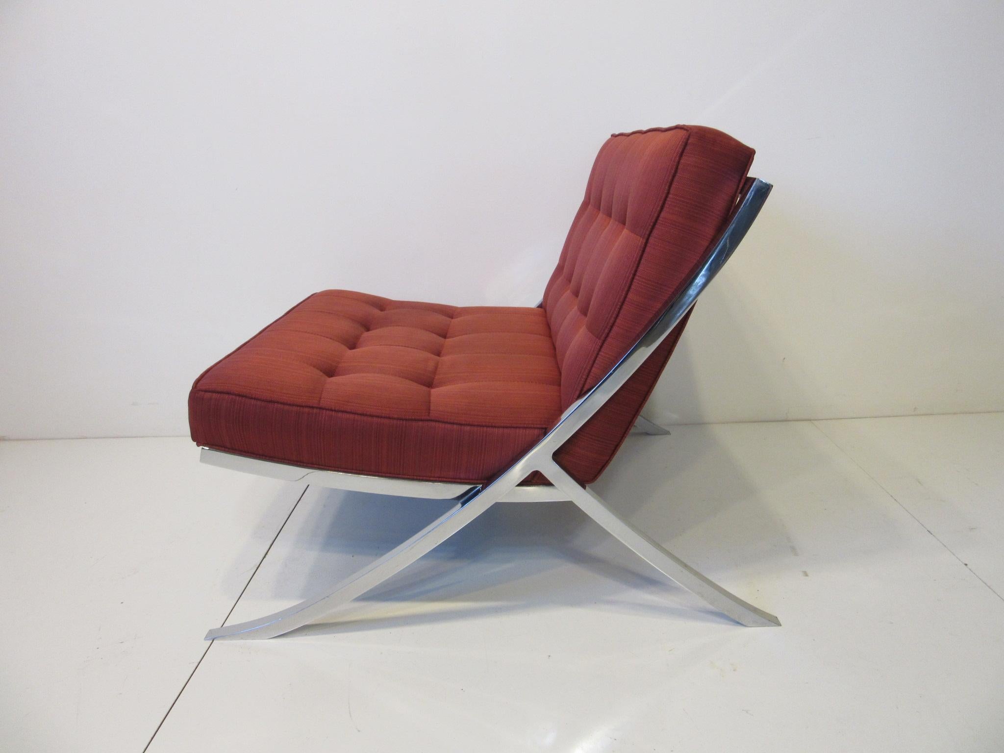 Modern 1970 Chromed Upholstered Saber Leg Lounge Chairs in a Knoll Barcelona Style  