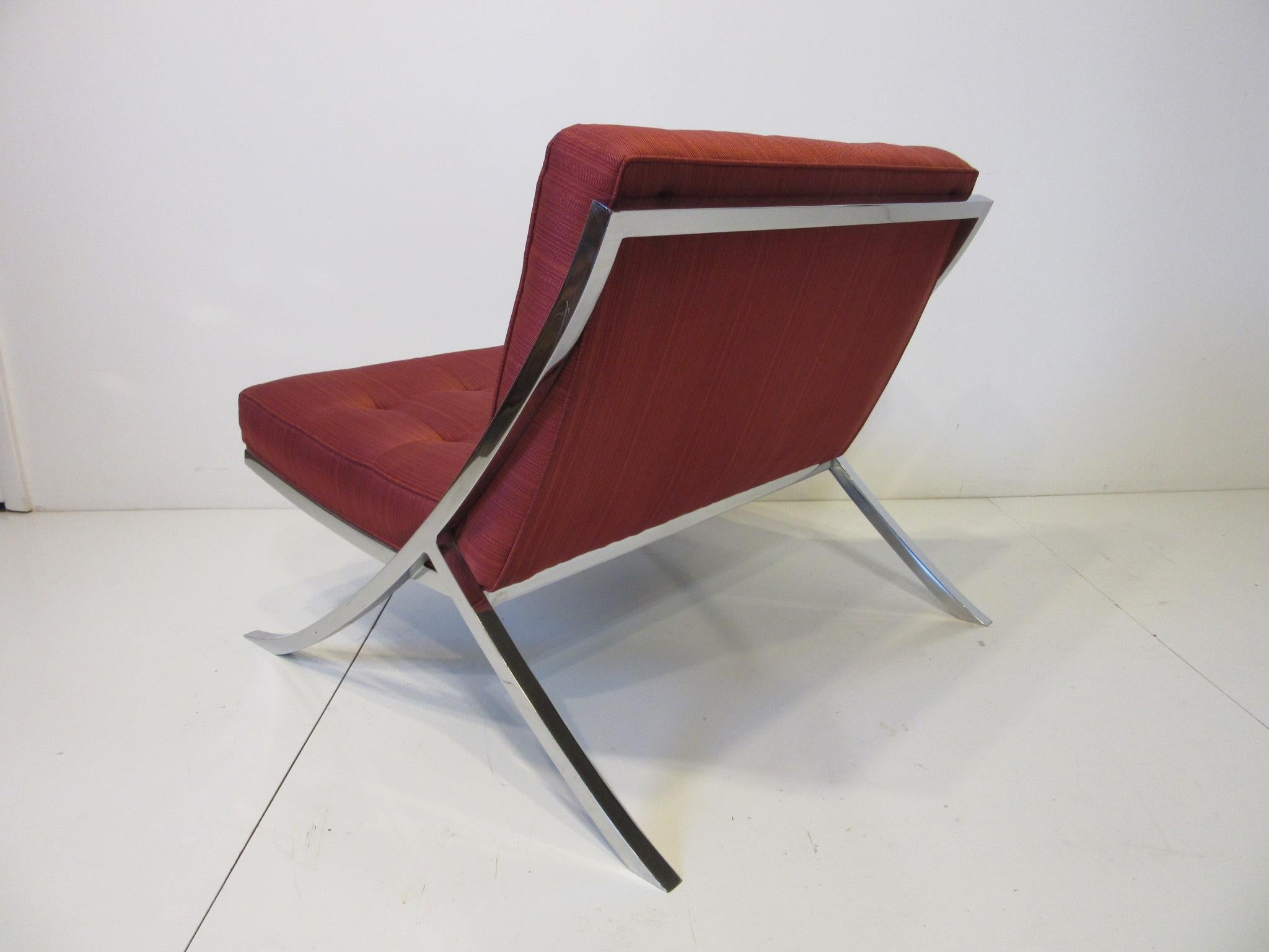 American 1970 Chromed Upholstered Saber Leg Lounge Chairs in a Knoll Barcelona Style  