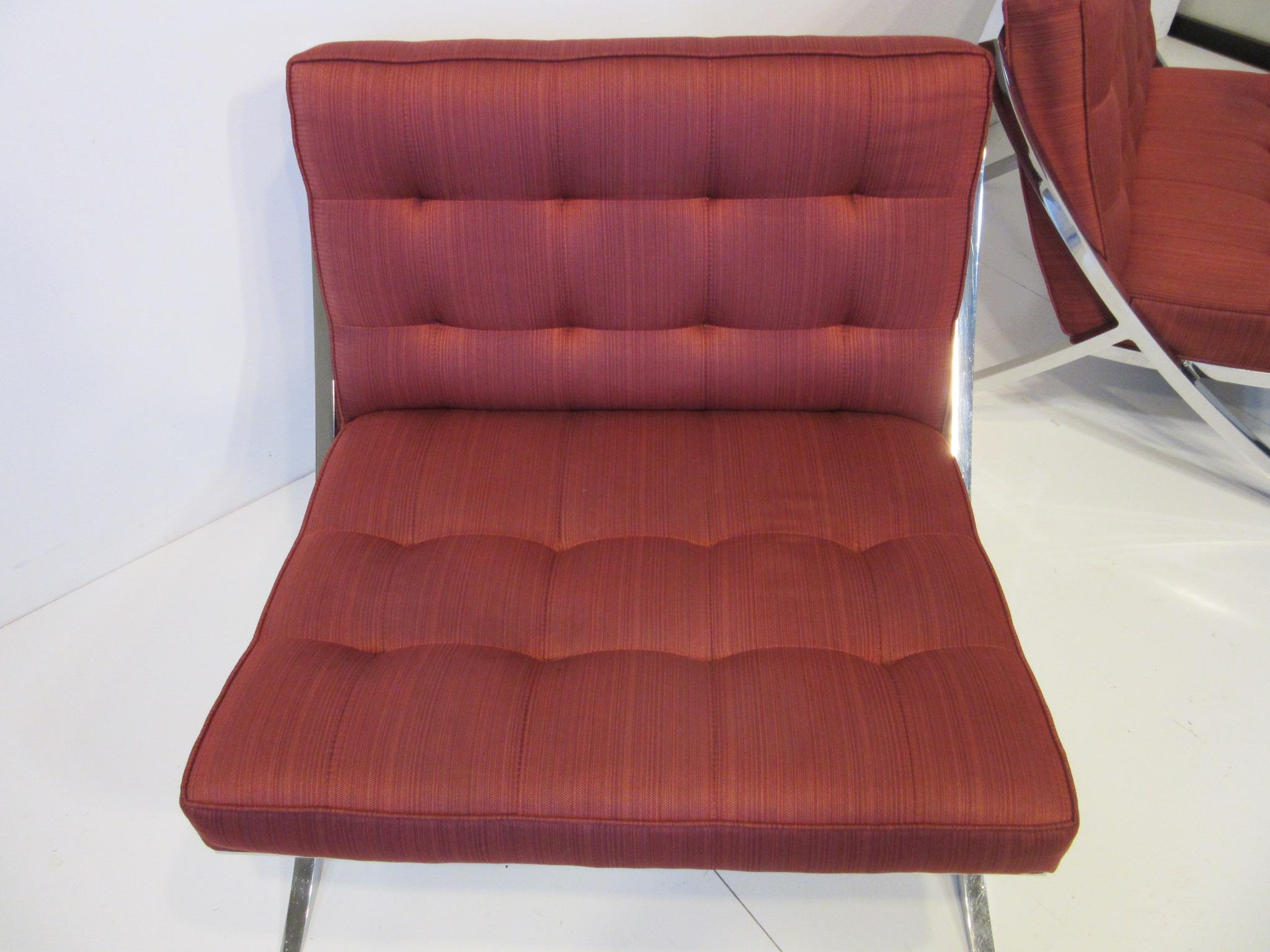 1970 Chromed Upholstered Saber Leg Lounge Chairs in a Knoll Barcelona Style   1