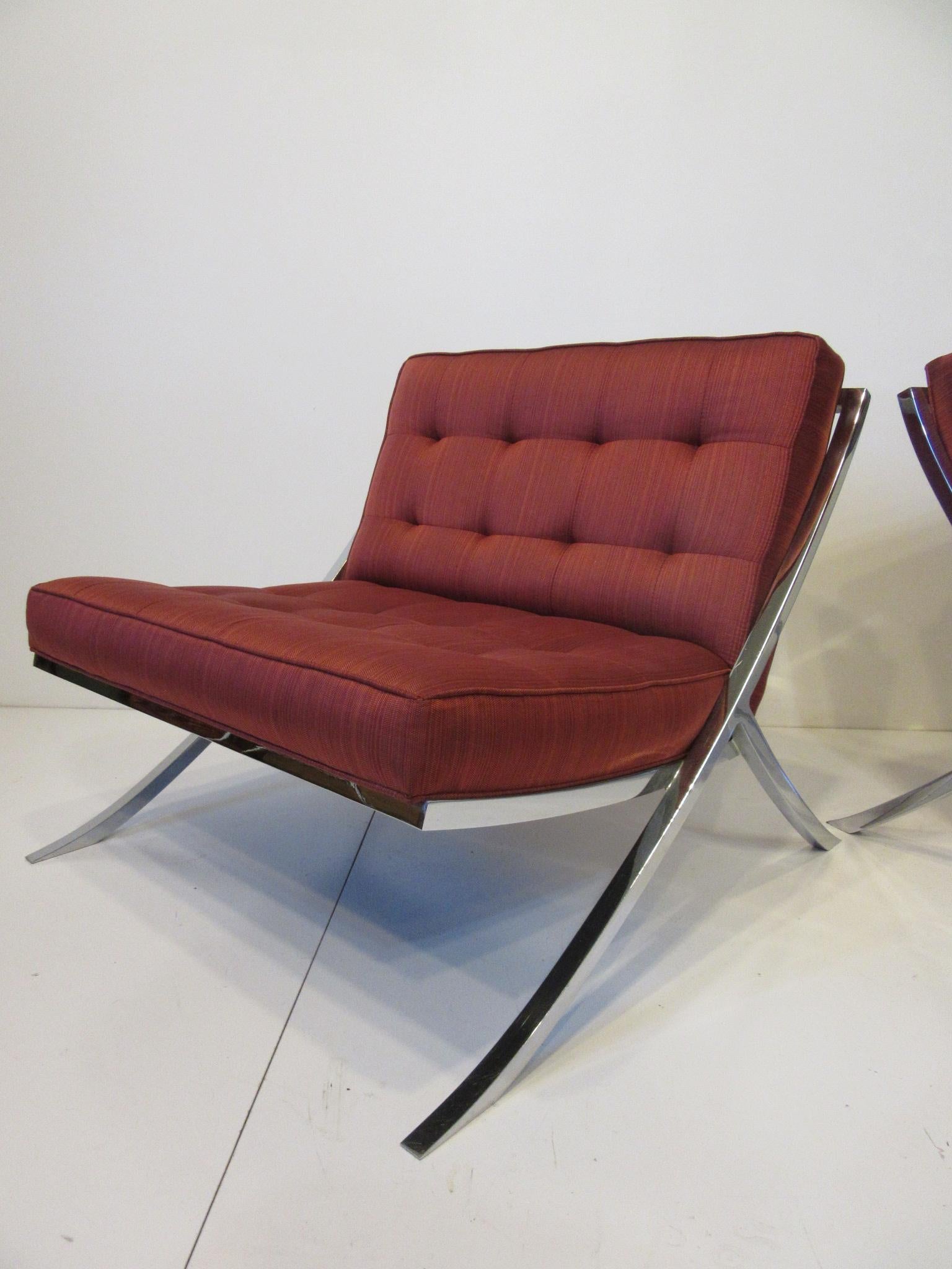 1970 Chromed Upholstered Saber Leg Lounge Chairs in a Knoll Barcelona Style   2