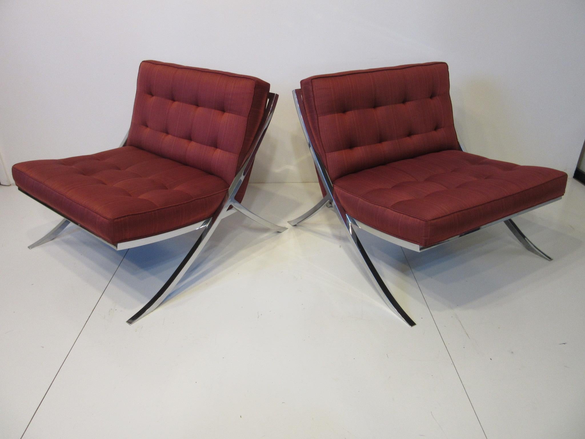 1970 Chromed Upholstered Saber Leg Lounge Chairs in a Knoll Barcelona Style   3