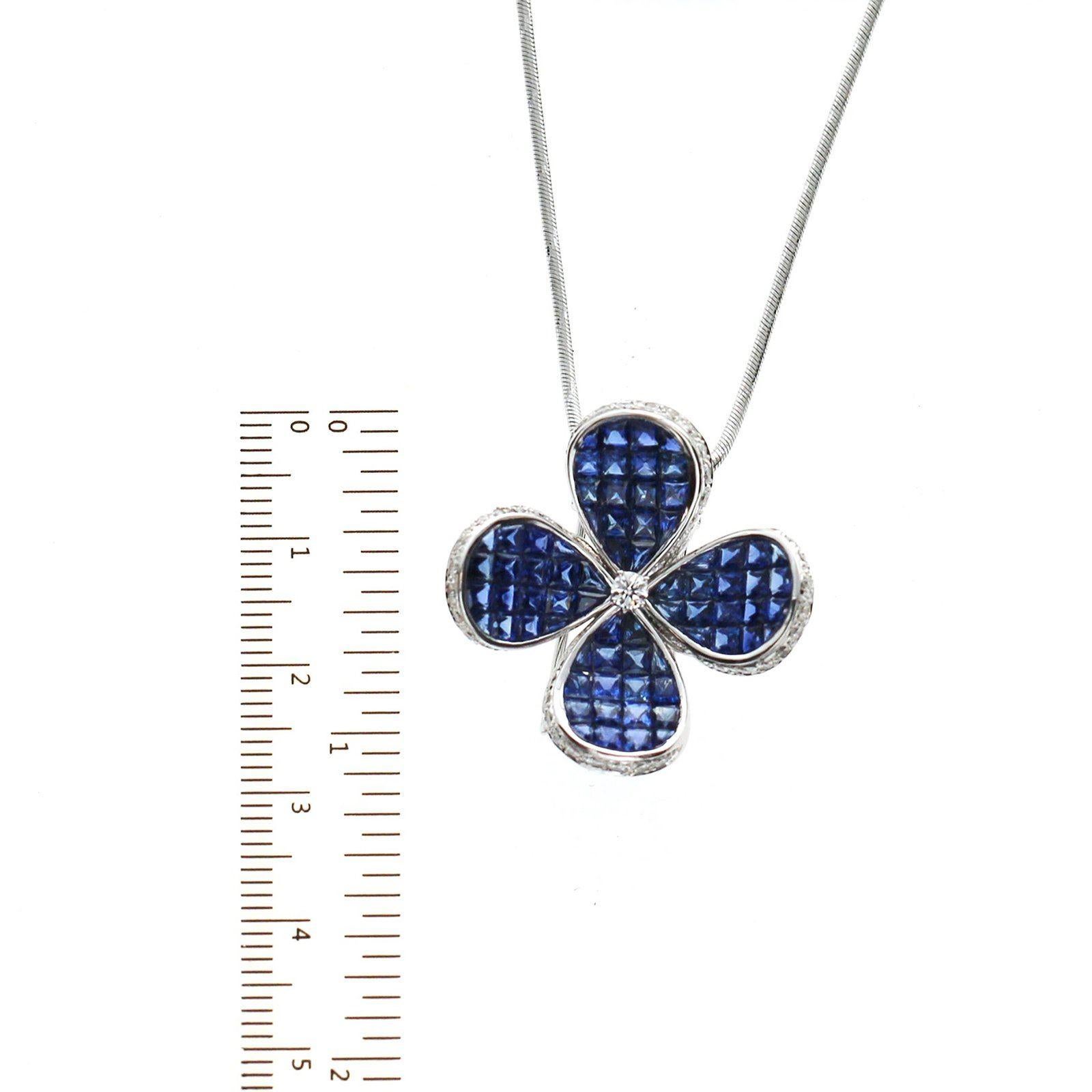 .70 Ct Diamonds 12.67 Ct Invisible Blue Sapphire 14k White Gold Flower Necklace For Sale 6