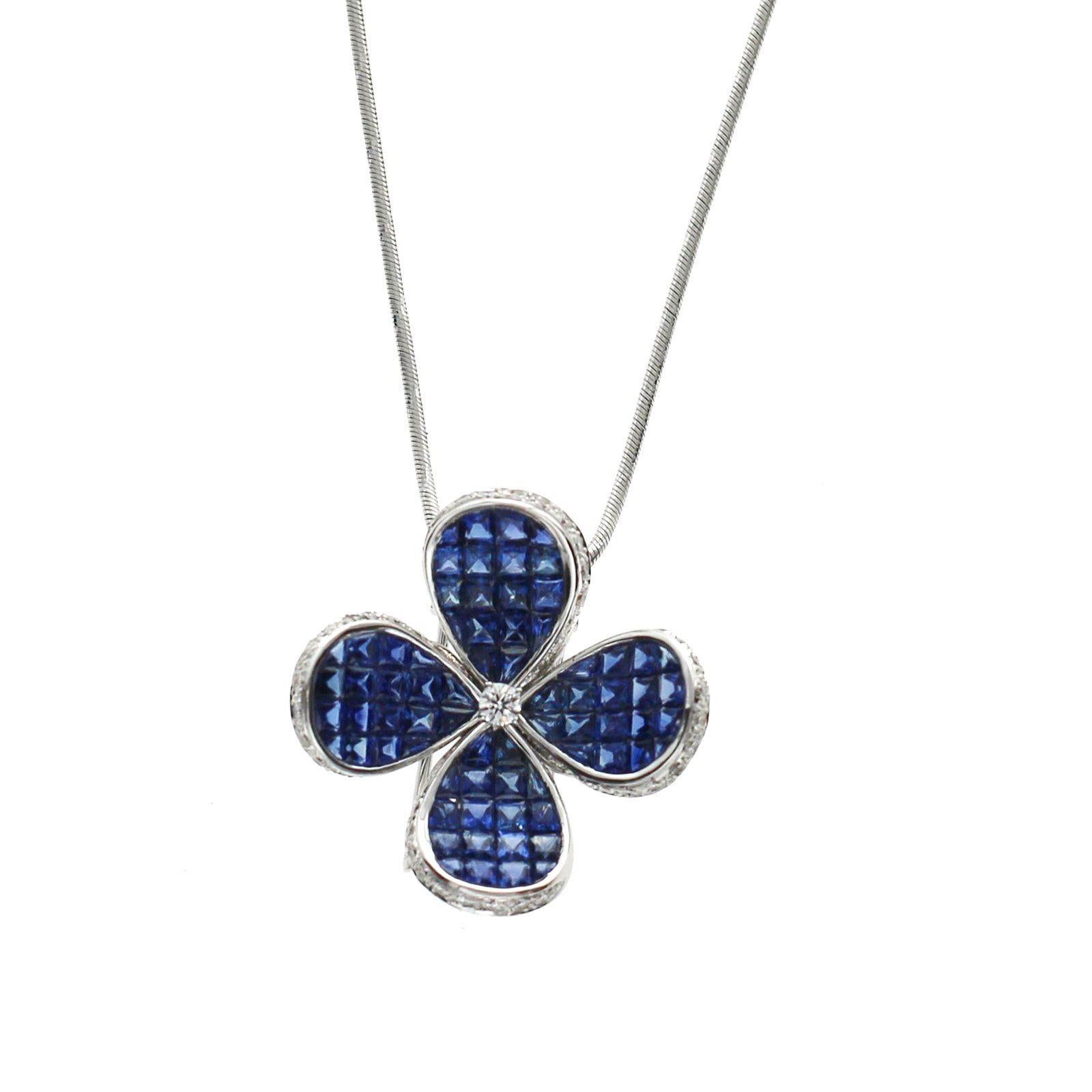 .70 Ct Diamonds 12.67 Ct Invisible Blue Sapphire 14k White Gold Flower Necklace For Sale 7