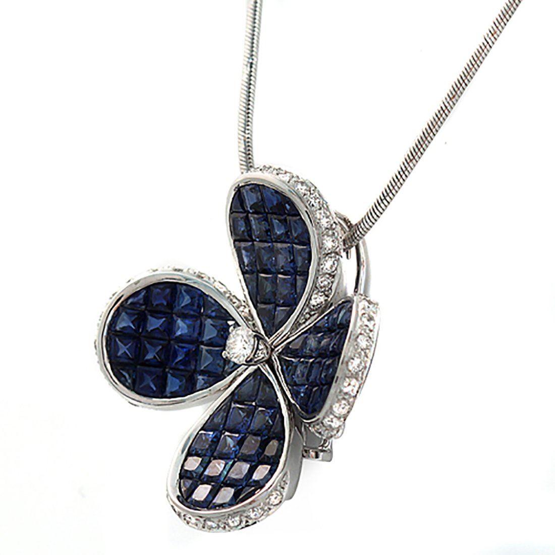 Collier fleur en or blanc 14 carats avec diamants de 0,70 carat et saphirs bleus invisibles de 12,67 carats en vente 9