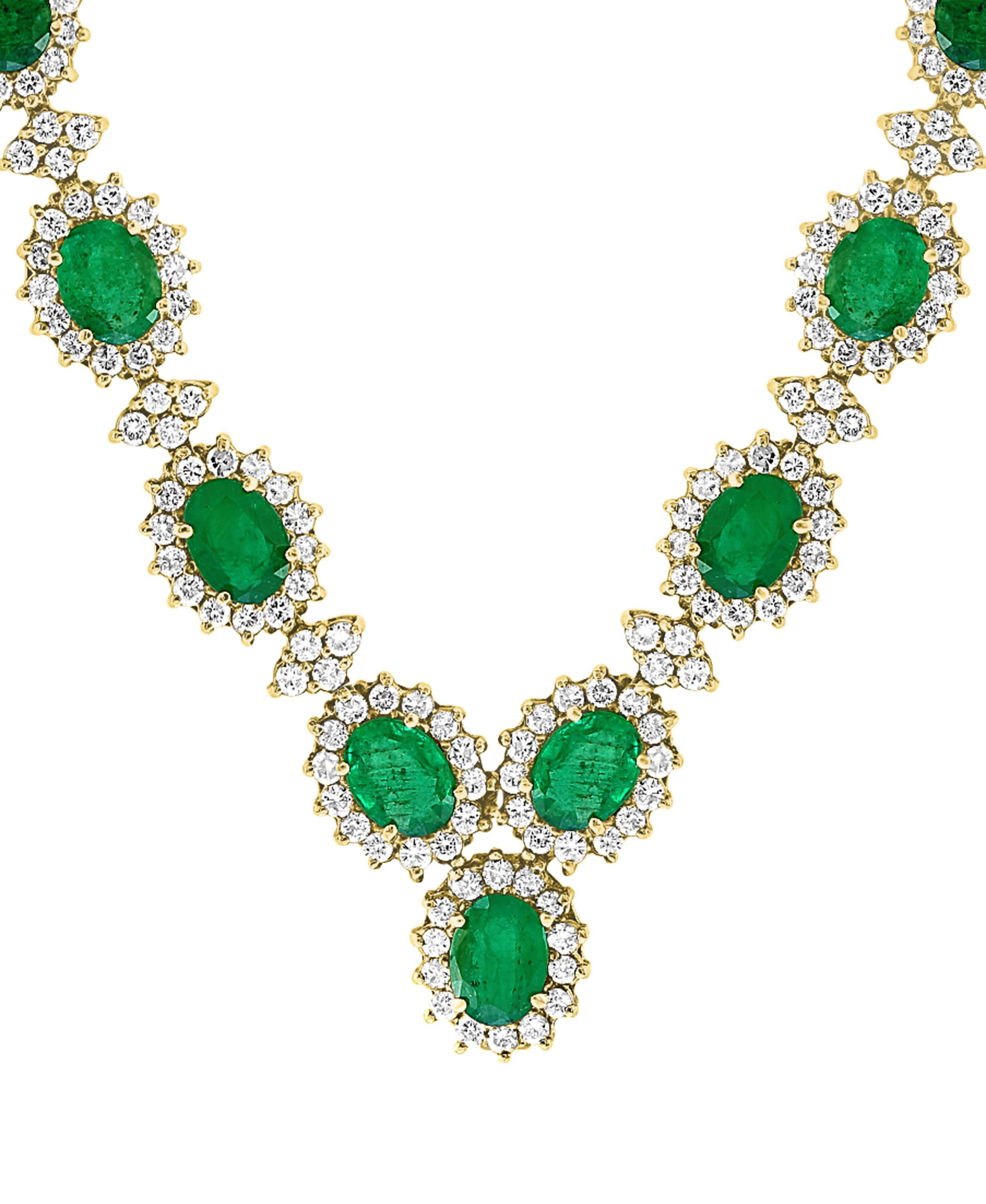 Approximately 37 Ct Oval Shape  Natural Emerald and  Approximately 22 Carats Diamond Necklace and Earring Bridal Suite, Estate
This spectacular Bridal set  consisting of 29 stones of Emerald .Each oval shape emerald  is surrounded by brilliant cut