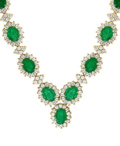 37 Ct Oval Shape Natural  Emerald & 22 Carat Diamond Necklace & Earring  Suite