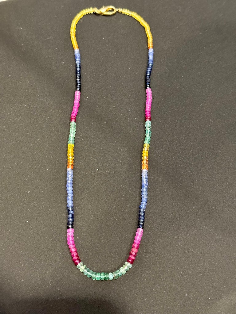 70ct Single Layer Natural Emerald Ruby and Sapphire Bead Necklace 14k