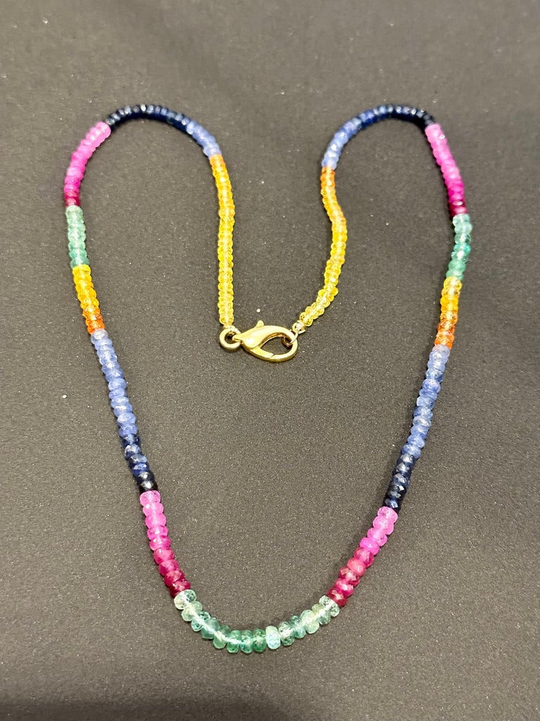 70ct Single Layer Natural Emerald Ruby and Sapphire Bead Necklace 14k
