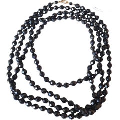 70" Czech Bohemian Black Faceted Glass Bead Long Flapper Strand Necklace, 1930s
