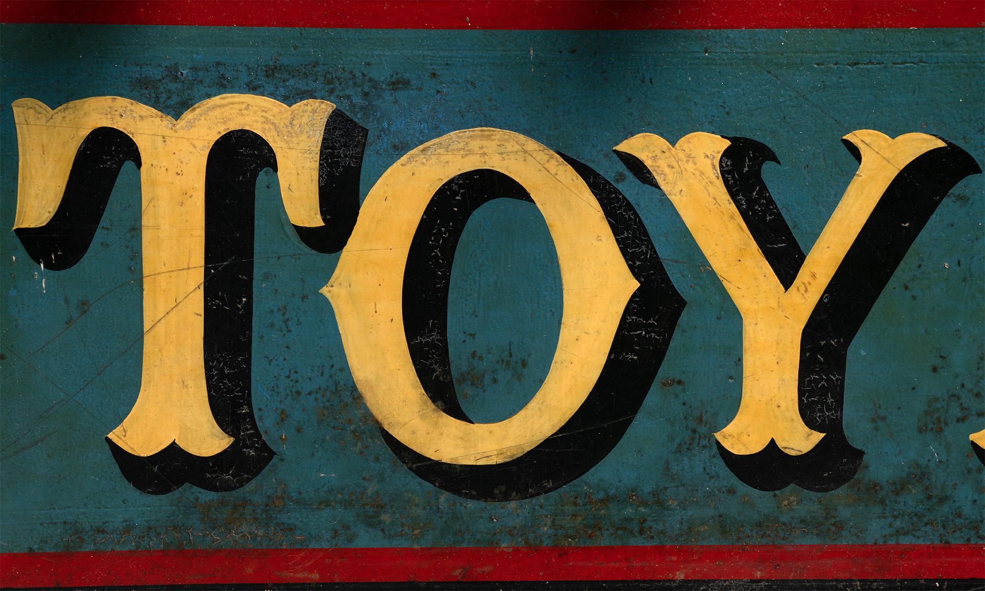70 inch long “Toyland” Fairground Sign

England Circa 1930

Hand Painted fairground sign bordered with circus lights.

Measures: 70.5” L x 29” H x 3” D.